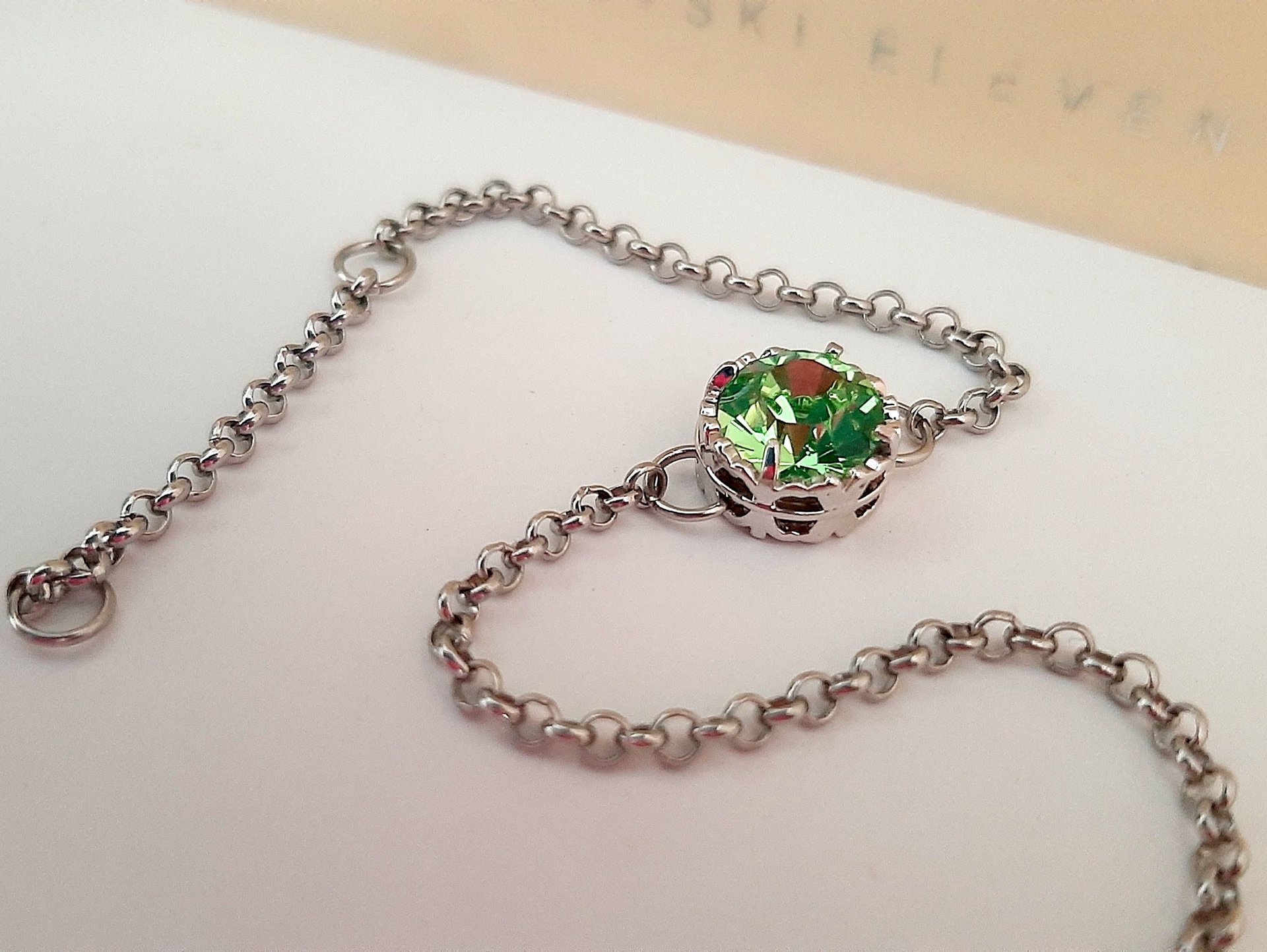 Peridot Filigree Chain Bracelet with Crystal Chaton / Green Art Deco Jewelry / Stainless Steel / Christmas Gift for her