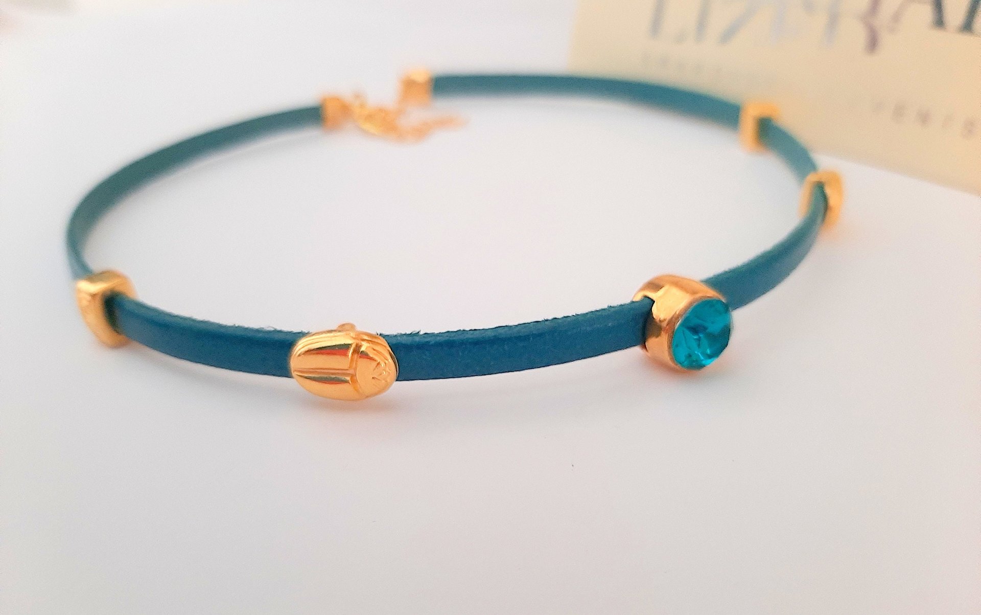 Turquoise Leather Choker Necklace with Teal Crystal, Gold Charm Summer Choker, Bohemian Everyday Jewelry, Unique Birthday Gift