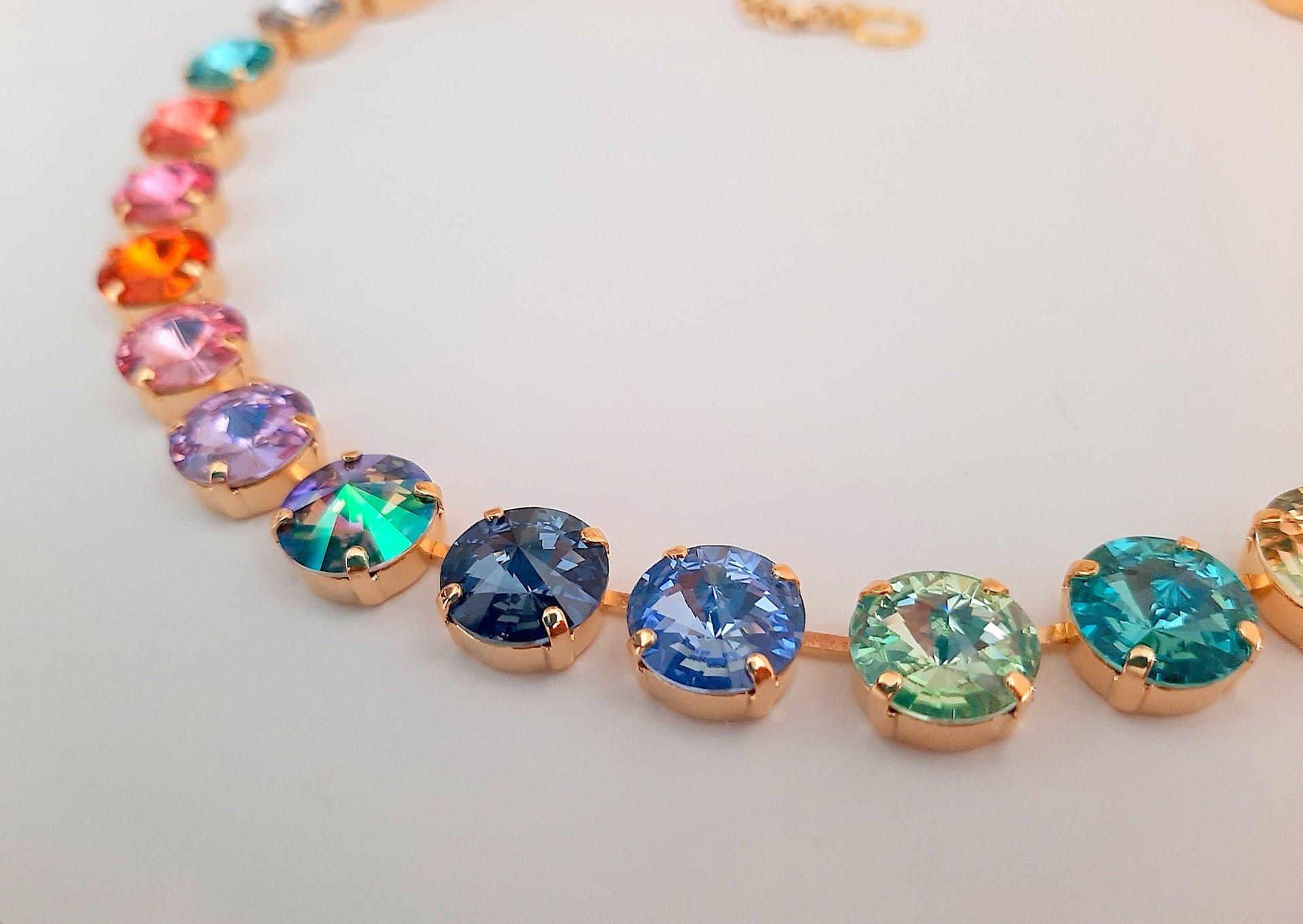 Anna Wintour Rainbow Rivoli Crystal Necklace, Tennis Colorful Choker, Multi color Gold Collet, Jewelry Gift for Women