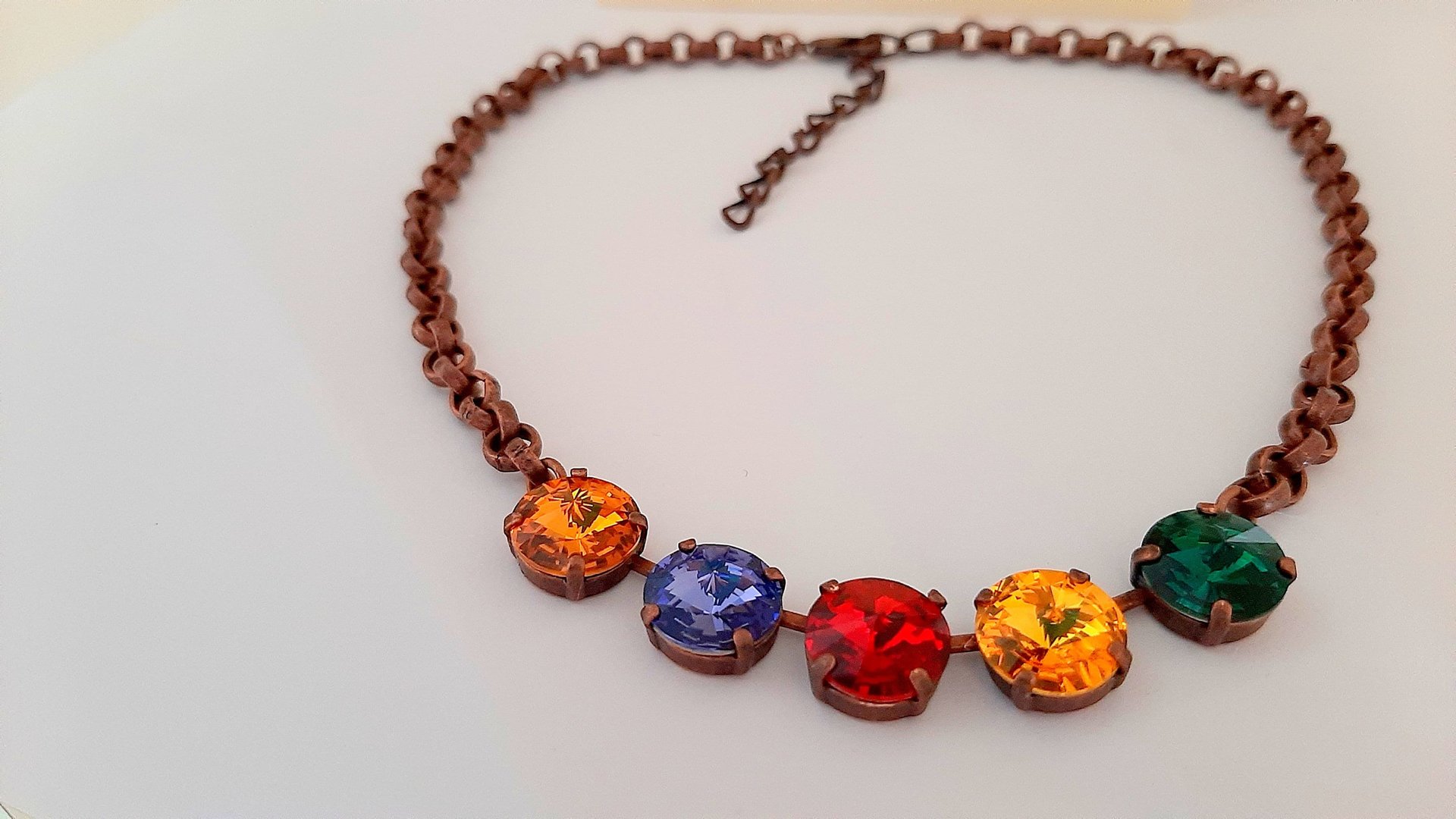 Multi-color Rivoli Crystal Chain Necklace, Anna Wintour Style Cup Chain Choker in Antique Copper, Jewelry Women Gifts