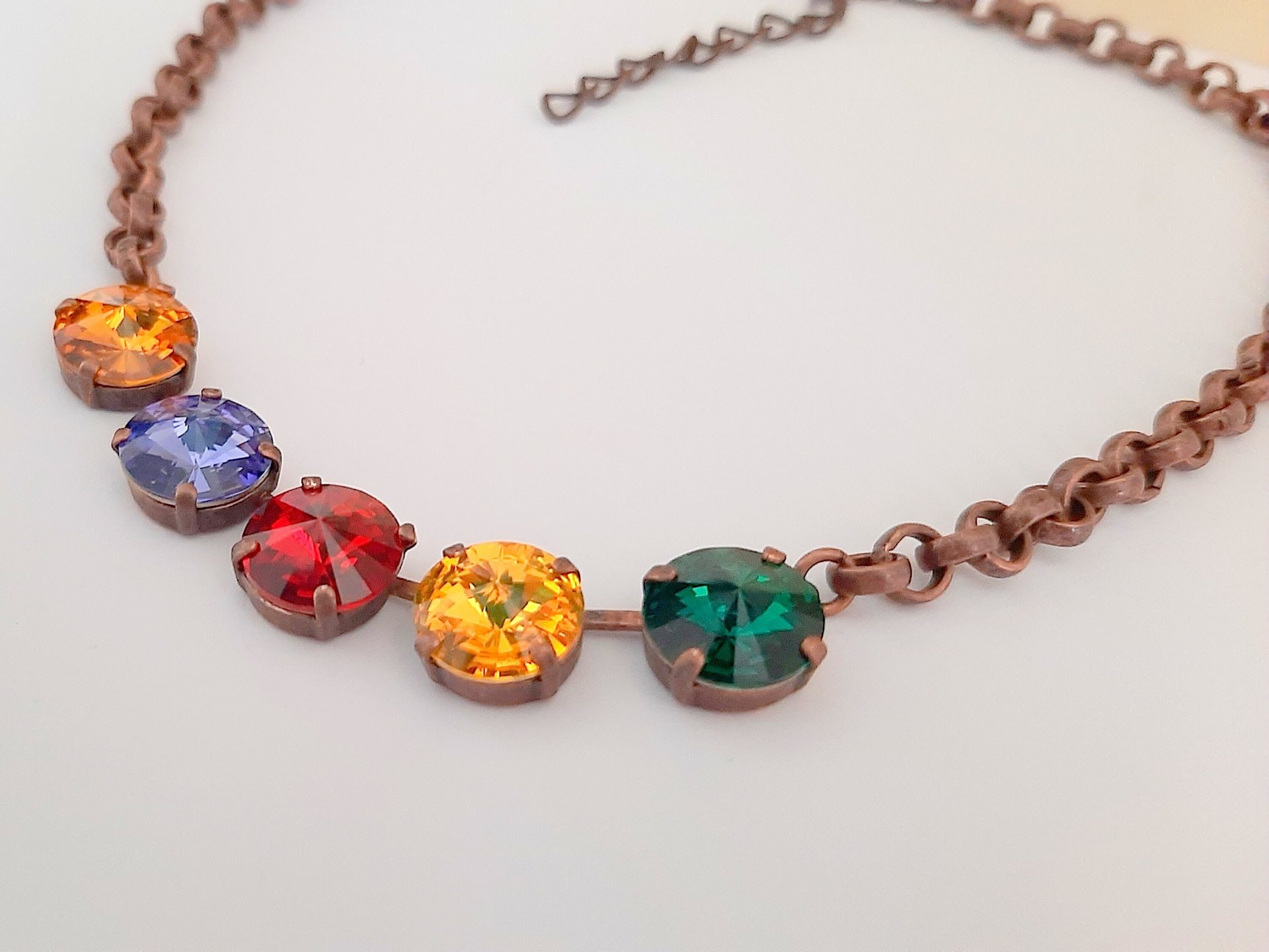 Multi-color Rivoli Crystal Chain Necklace, Anna Wintour Style Cup Chain Choker in Antique Copper, Jewelry Women Gifts