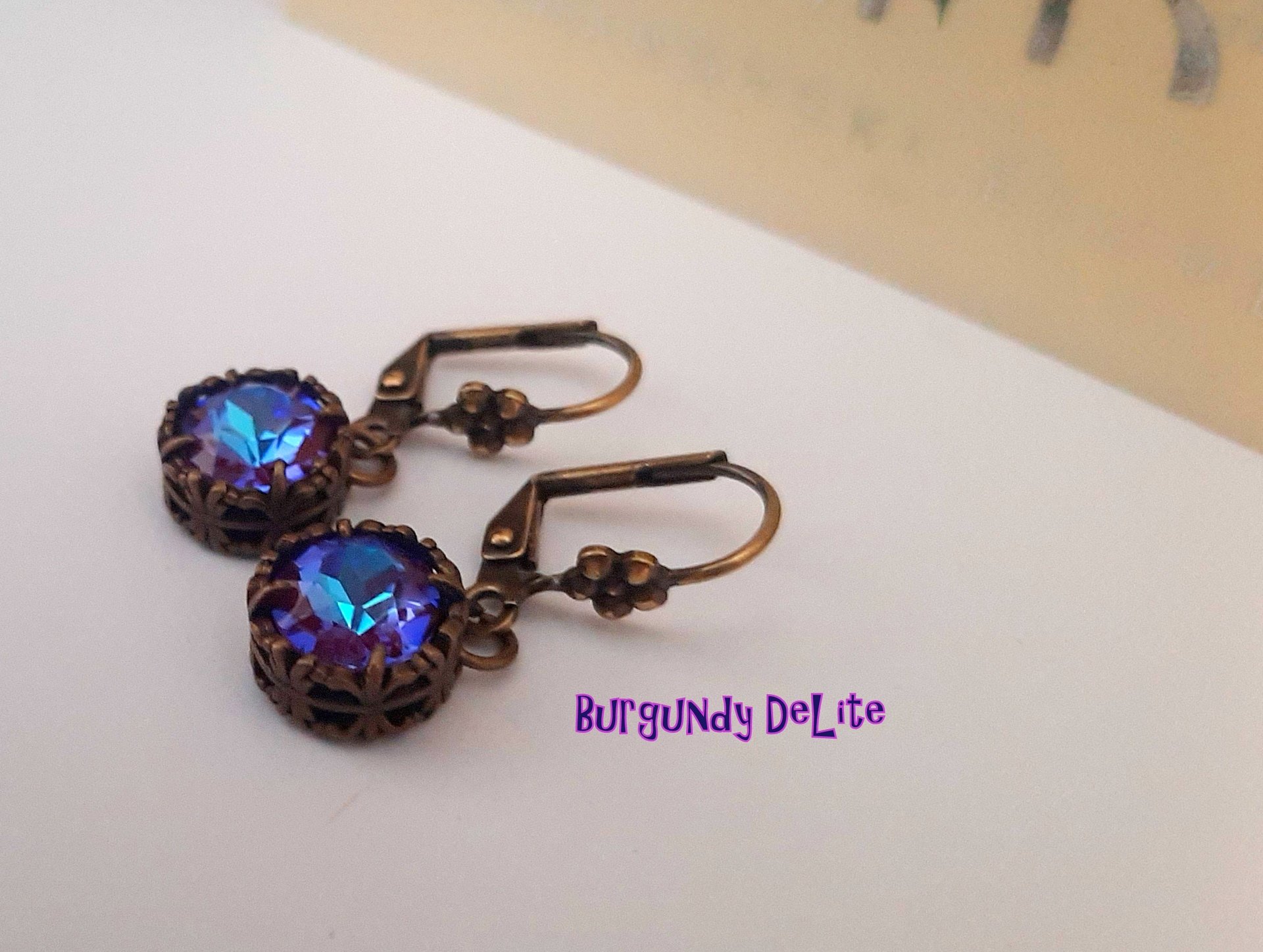 Burgundy DeLite Bronze Earrings / Antique Jewelry / Crystal Chatons/ Lever back 8mm Filigree Setting / Girls Birthday Gift