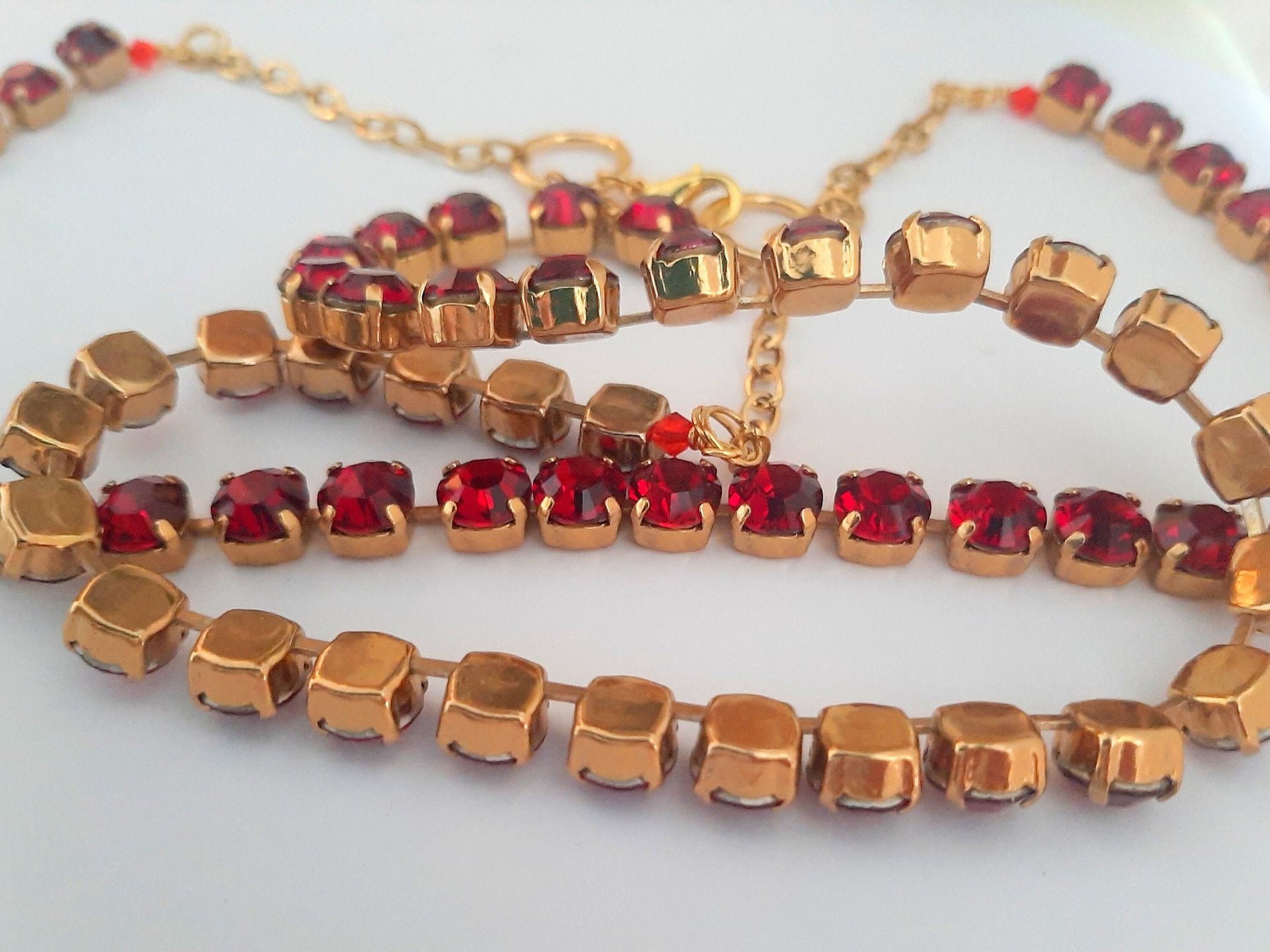 Ruby Double Strand Crystal Necklace, Gold Jewelry, Two Tier Red Choker, Tennis Layered Cup chain Collet, Gift for Women Girfriend