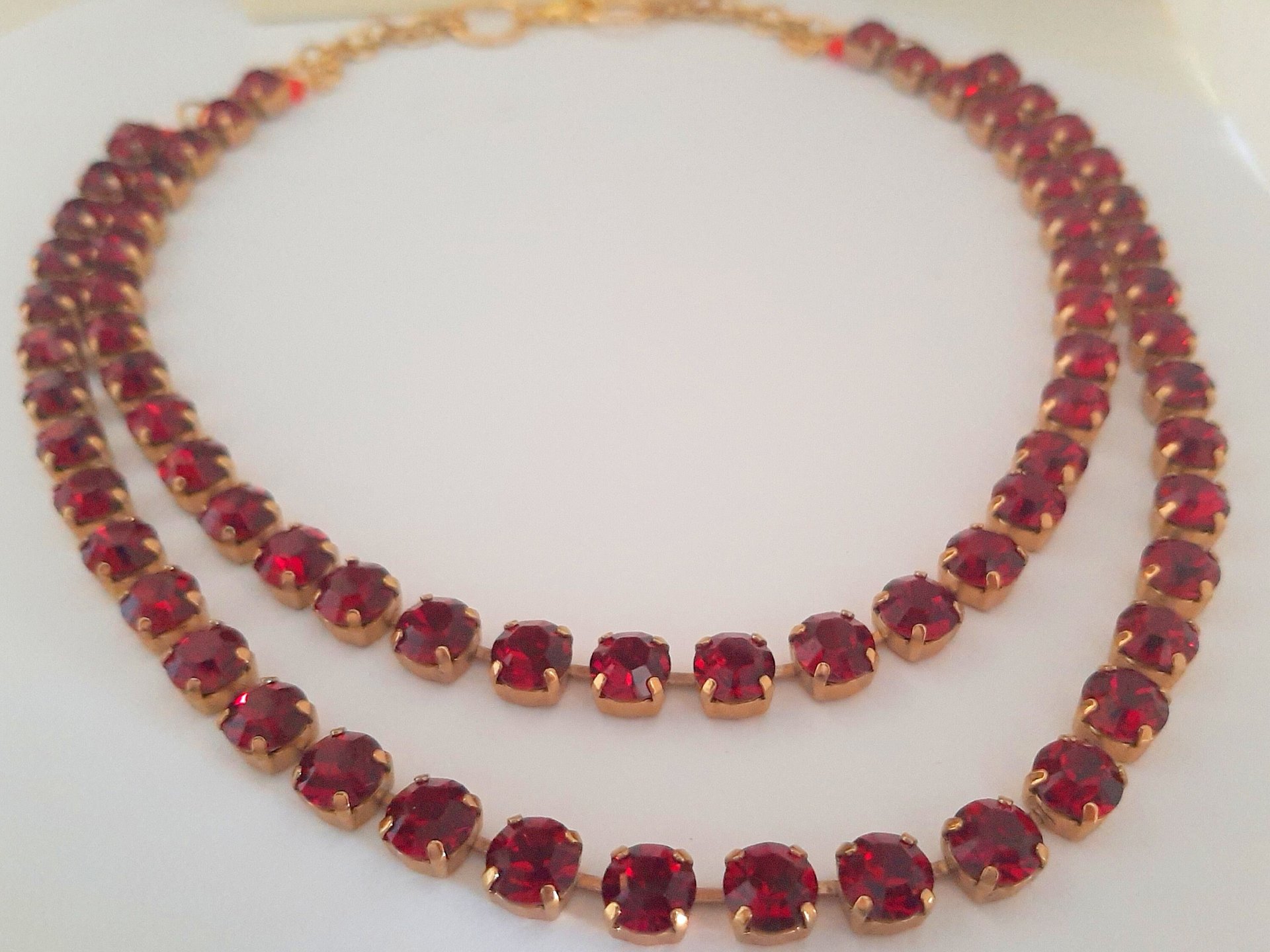 Ruby Double Strand Crystal Necklace, Gold Jewelry, Two Tier Red Choker, Tennis Layered Cup chain Collet, Gift for Women Girfriend