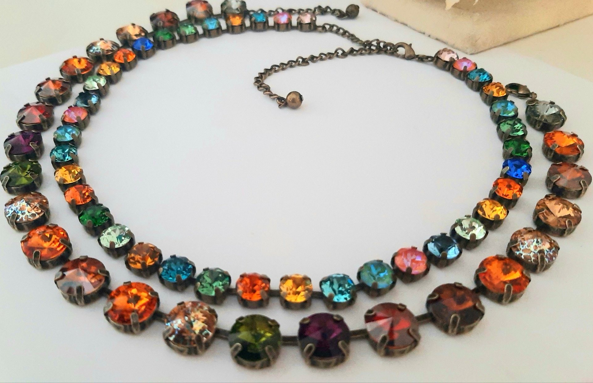 Multi-color Topaz Tennis Rivoli Necklace, Antique Bronze Jewelry, 12mm Cup chain, Wife Anniversary Gift