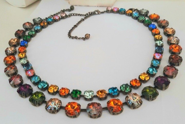 Multi-color Topaz Tennis Rivoli Necklace, Antique Bronze Jewelry, 12mm Cup chain, Wife Anniversary Gift