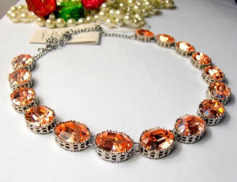 Peach Statement Riviere Necklace | Anna Wintour Rhinestone Collet | Art Deco Jewelry | Oval Filigree Choker | Chrisymas Gift for her