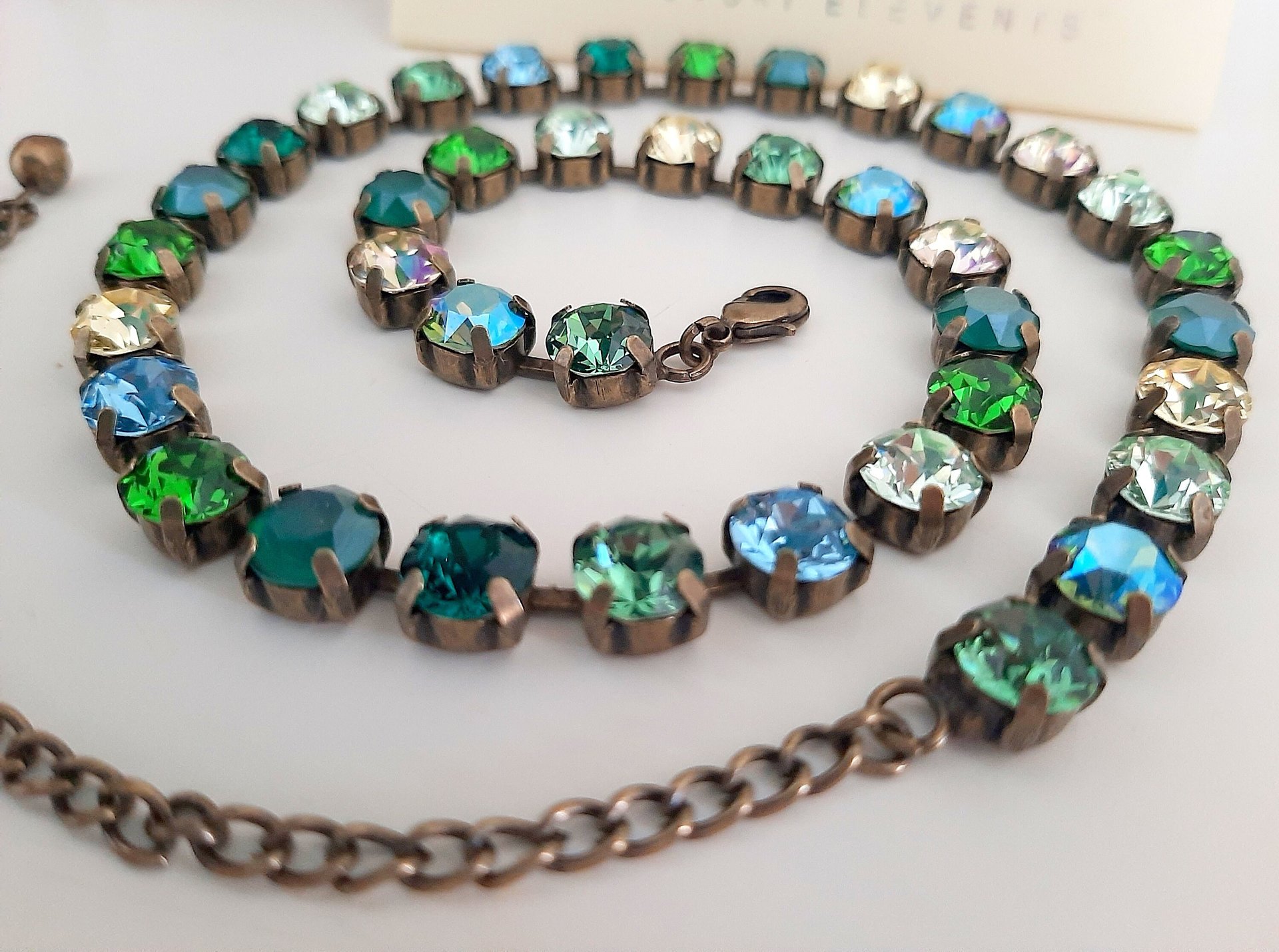 Green Blue Multi colors Bronze Tennis Choker, Sweet 16 Birthday Gift, Crystal Necklace, Antique Jewelry