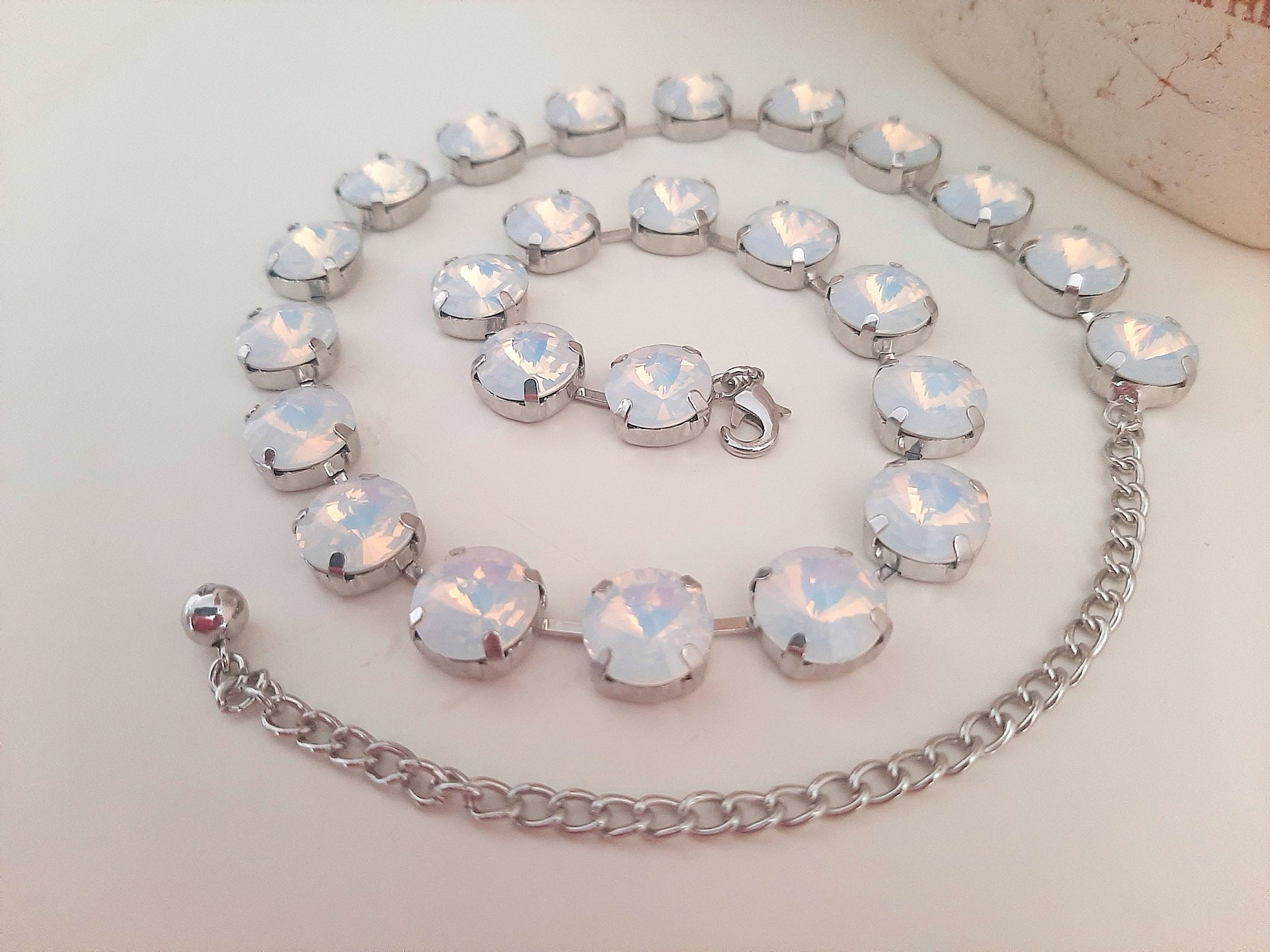 Aurora Borealis White Opal Tennis Rivoli Necklace in Platinum, Anna Wintour Vienna Choker, Jewelry Birthday Gift for Women