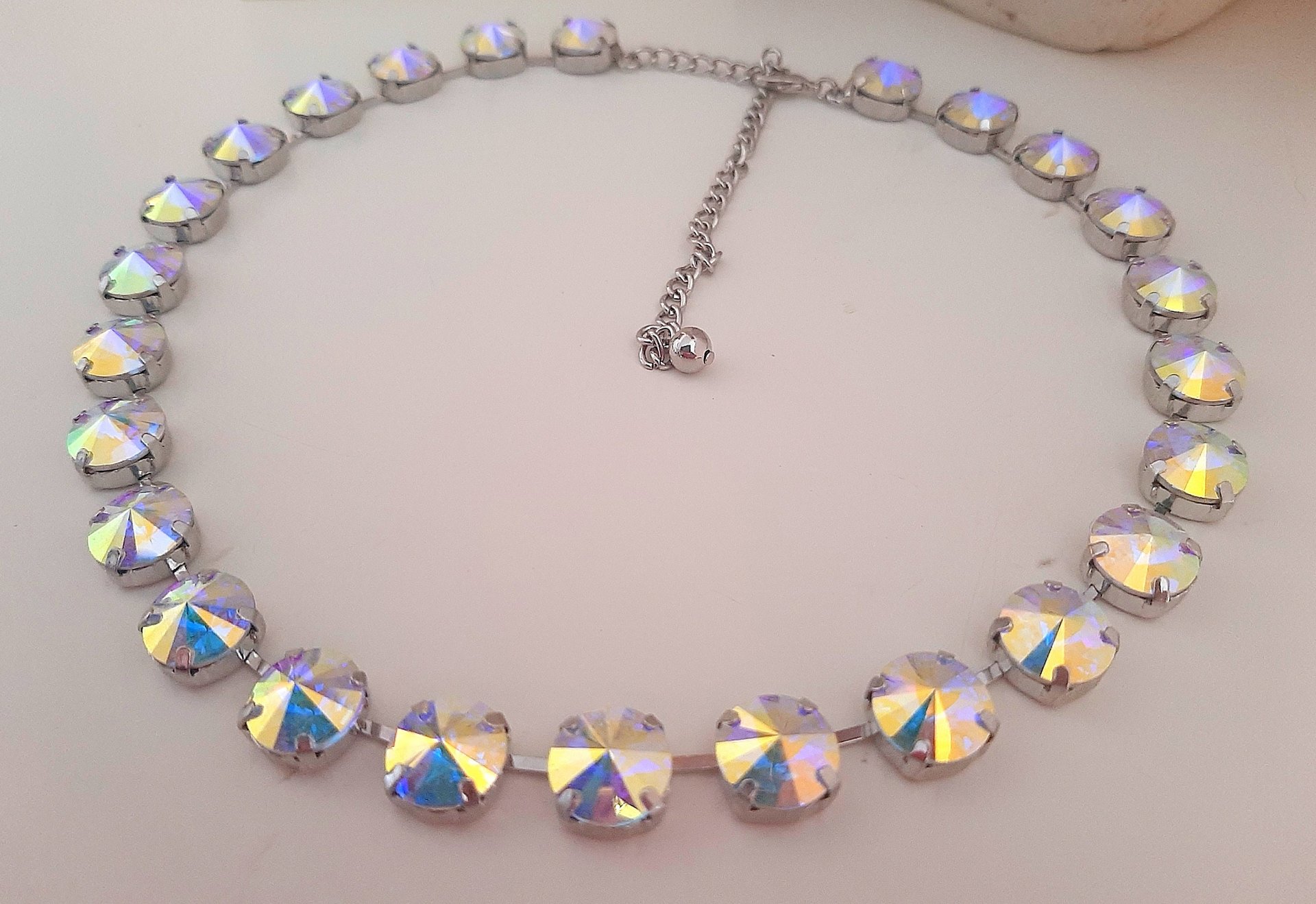 Aurora Borealis White Opal Tennis Rivoli Necklace in Platinum, Anna Wintour Vienna Choker, Jewelry Birthday Gift for Women