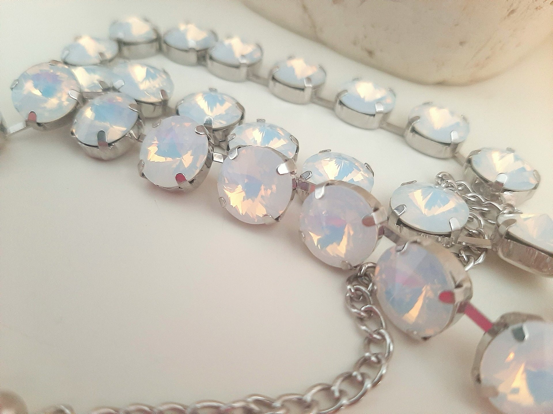 Clear and White Opal Crystal Three Strand Necklace in Platinum Anna Wintour Collet Rivoli Choker 12mm Statement Jewelry Women Birthday Gift