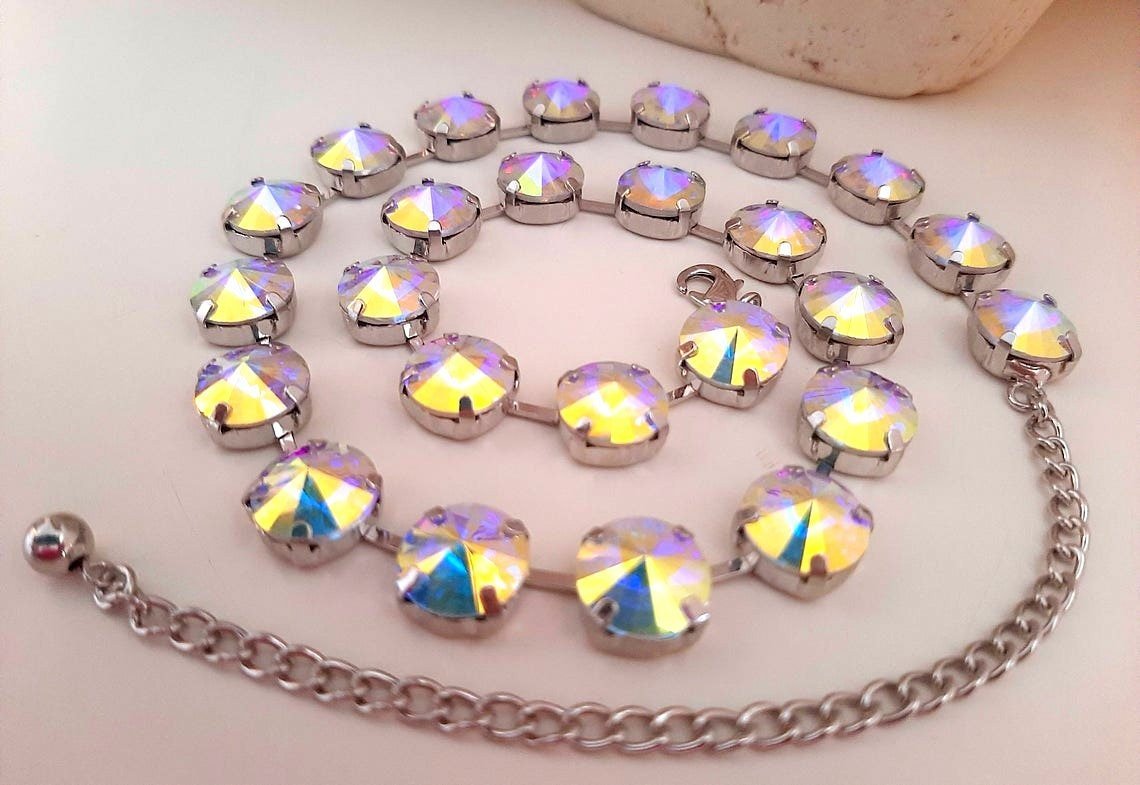 Aurora Borealis White Opal Tennis Rivoli Necklace in Platinum, Anna Wintour Vienna Choker, Jewelry Birthday Gift for Women