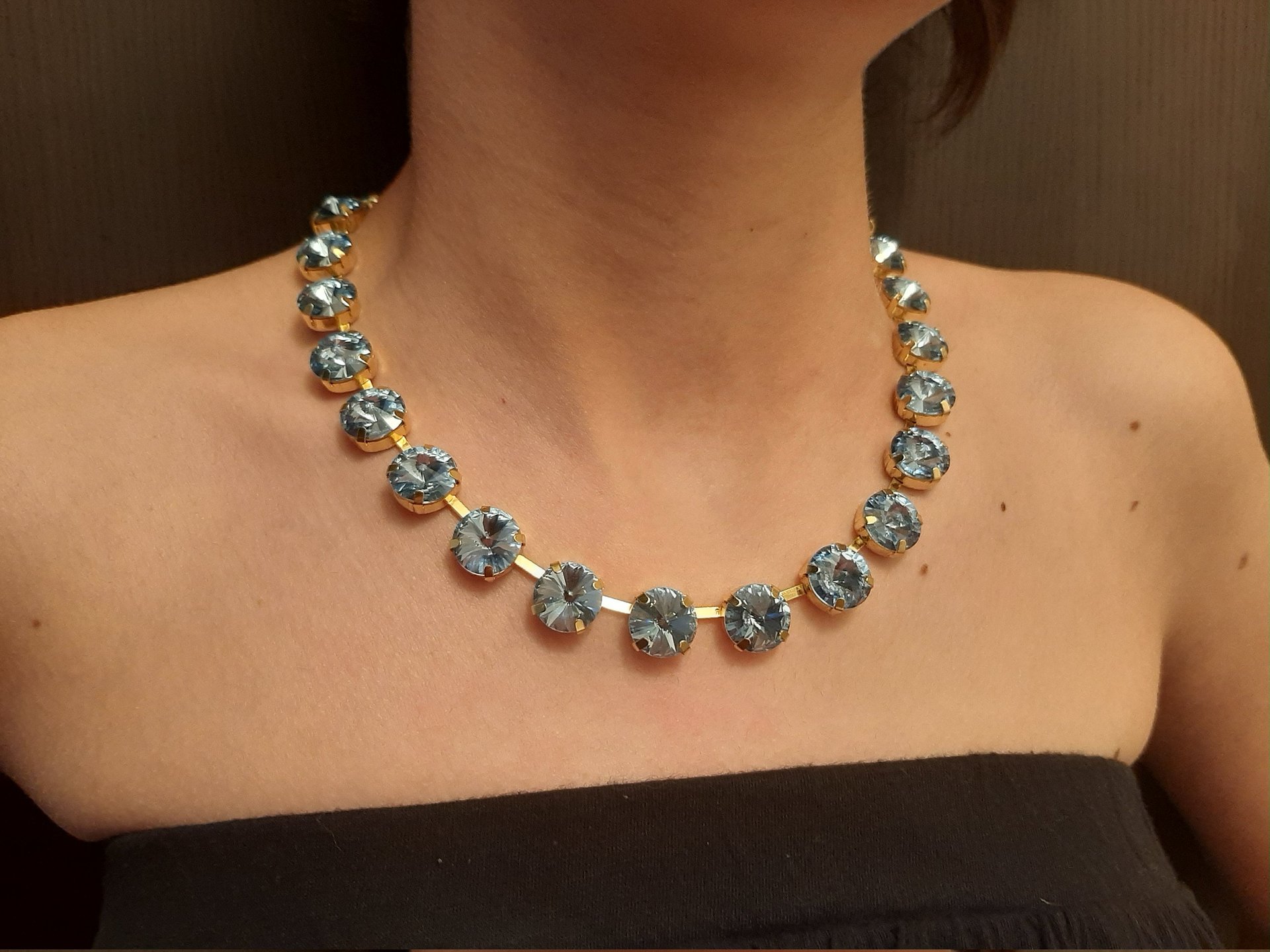 Aquamarine and Light Sapphire Rivoli Tennis Necklace, Anna Wintour Choker, Gold Collet Jewelry for Women, Birthday Gift