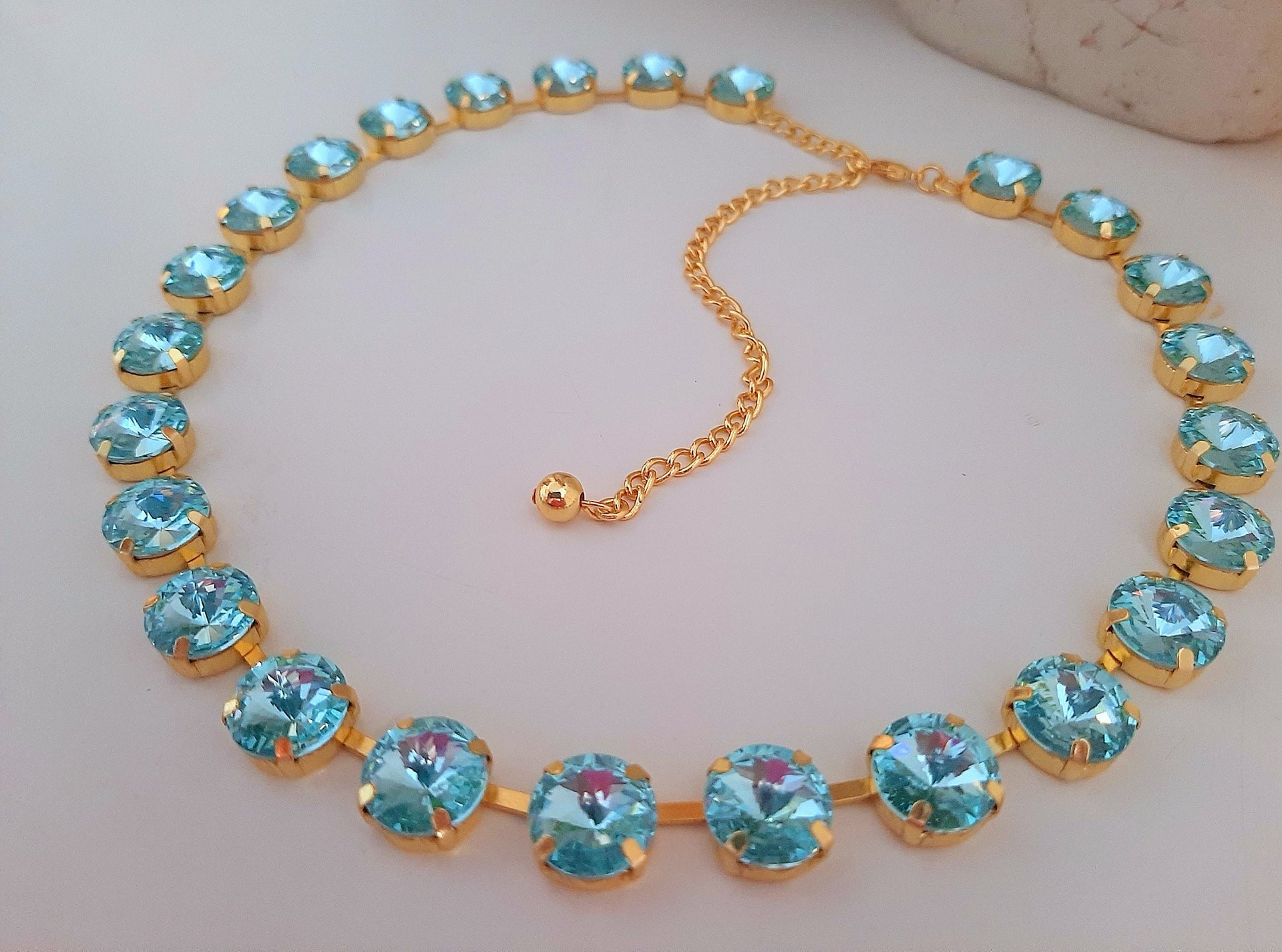 Aquamarine and Light Sapphire Rivoli Tennis Necklace, Anna Wintour Choker, Gold Collet Jewelry for Women, Birthday Gift