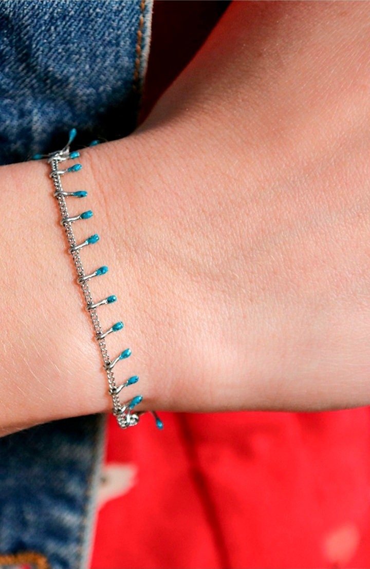 Turquoise Chain Drops Dainty Bracelet • Stainless steel blue epoxy Resin Bar Bracelet • Women Summer Gift