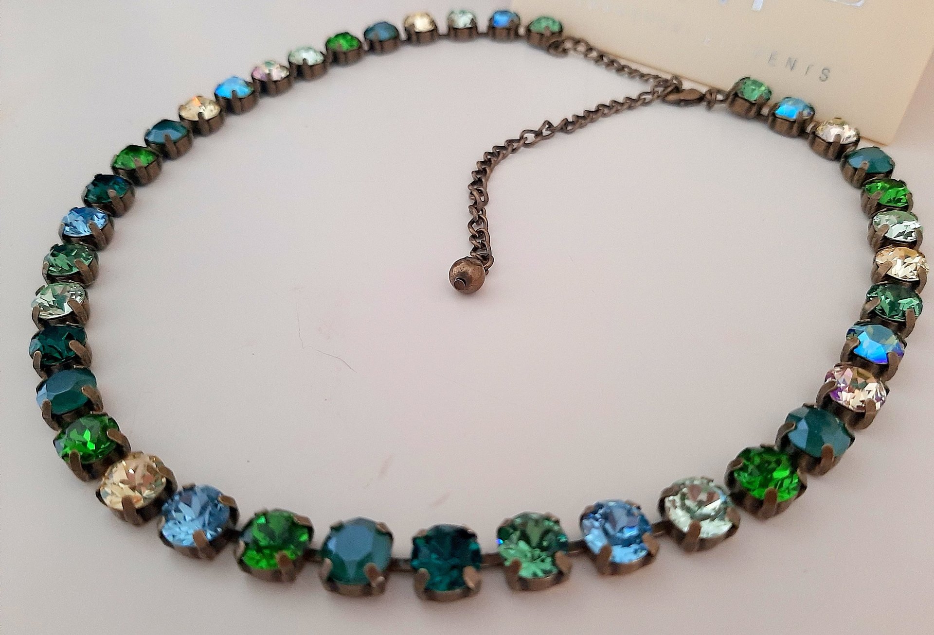 Green Blue Multi colors Bronze Tennis Choker, Sweet 16 Birthday Gift, Crystal Necklace, Antique Jewelry