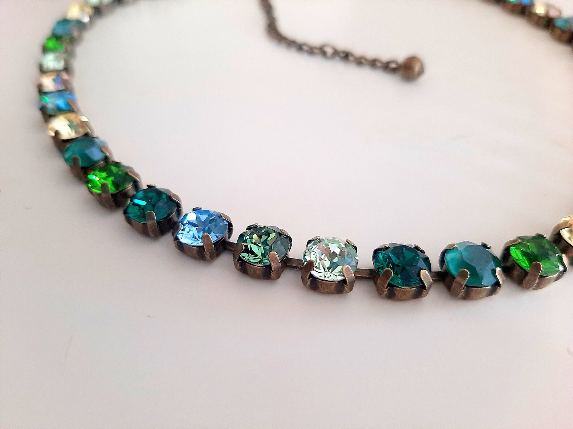 Green Blue Multi colors Bronze Tennis Choker, Sweet 16 Birthday Gift, Crystal Necklace, Antique Jewelry