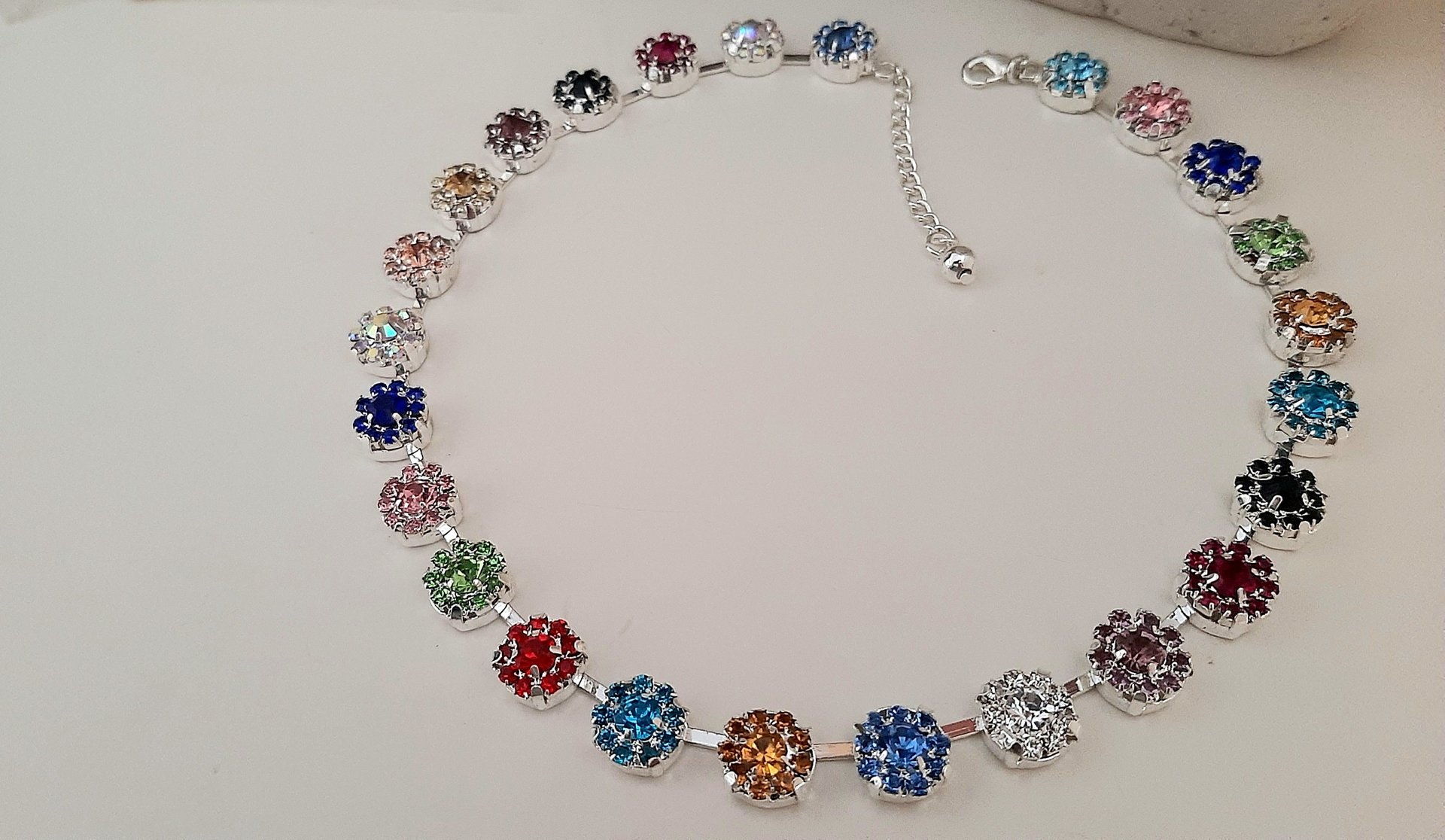 Multi-color Crystal Tennis Necklace in Silver, Colorful Rhinestone Jewelry, Rainbow Choker, Daisy Collet, Birthday Gift for Women