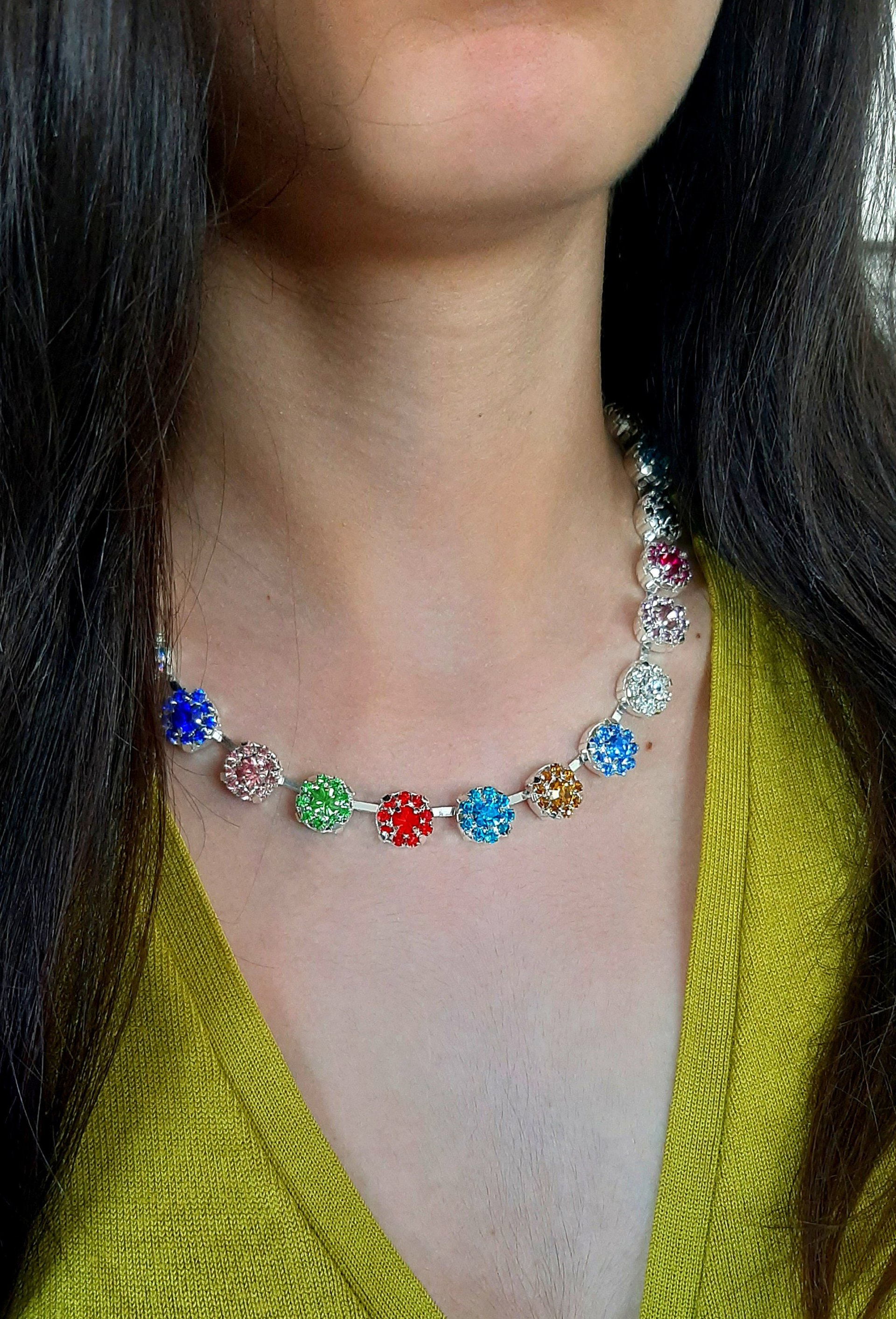 Multi-color Crystal Tennis Necklace in Silver, Colorful Rhinestone Jewelry, Rainbow Choker, Daisy Collet, Birthday Gift for Women