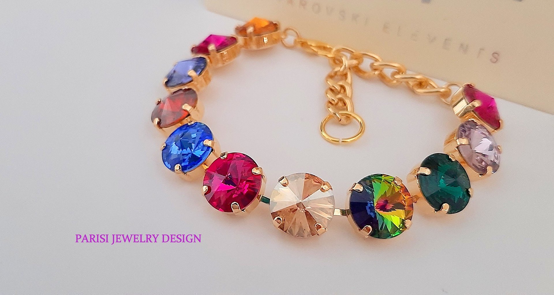 Gold Multi-colors Cup chain Tennis Bracelet with Rivoli Crystals 1122 • Women Birthday Gift