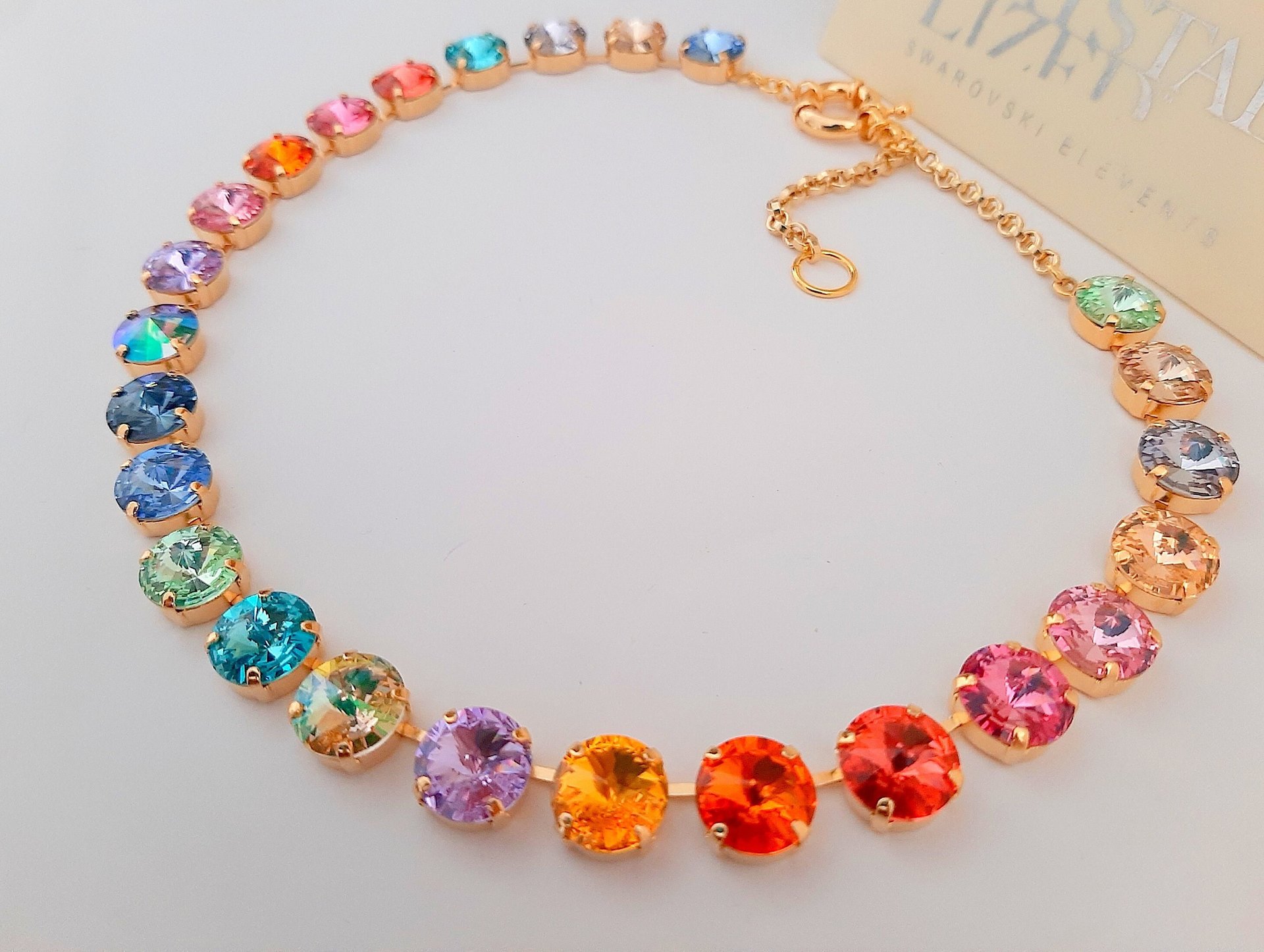 Anna Wintour Rainbow Rivoli Crystal Necklace, Tennis Colorful Choker, Multi color Gold Collet, Jewelry Gift for Women