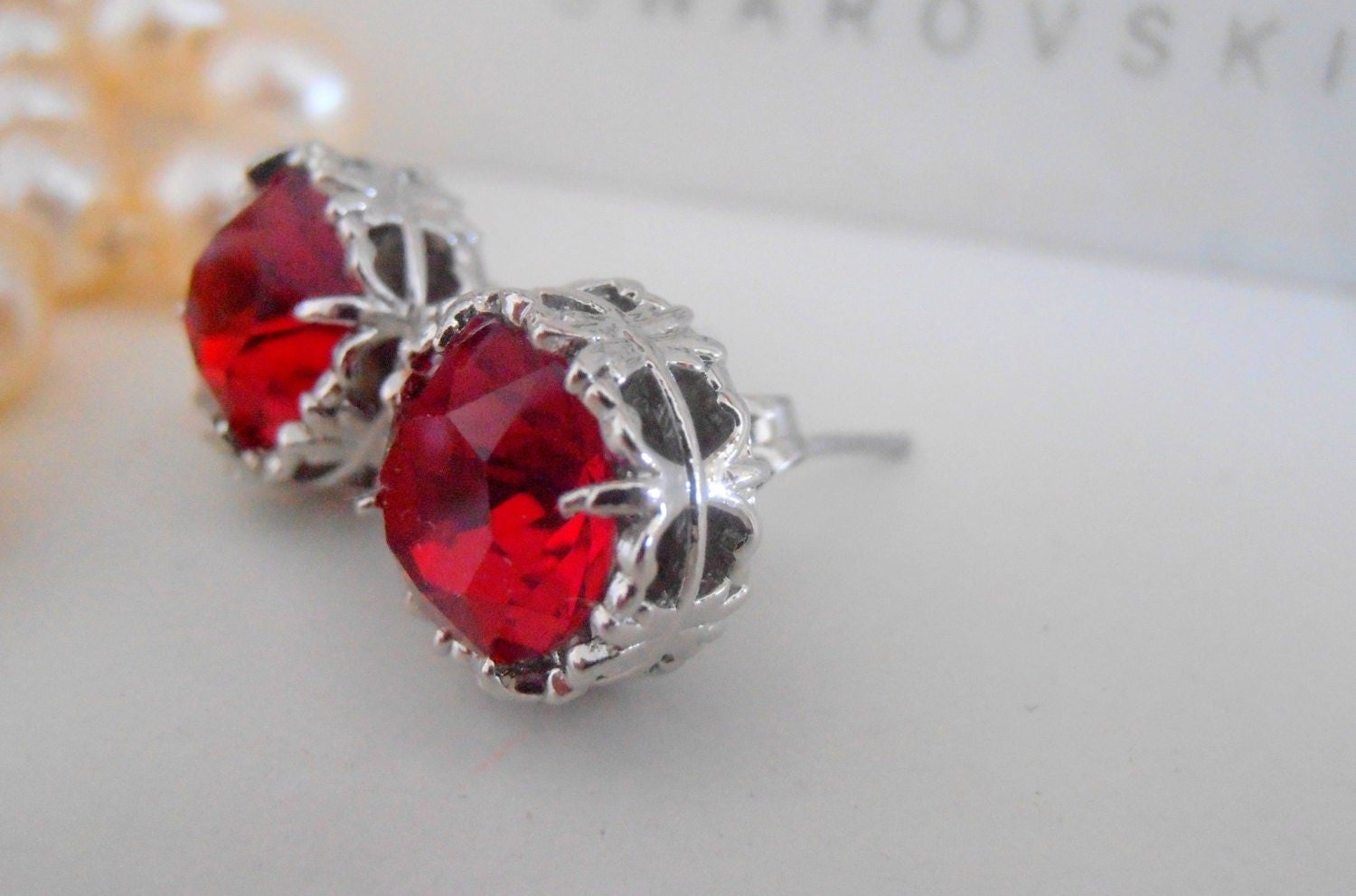 Ruby Post Filigree Earrings, Pierced Studs, Art deco Jewelry, Red Crystals, Grandmother Birthday gift