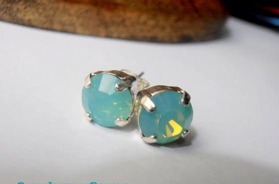 Pacific Opal Crystal Stud Earrings 8mm, Silver Jewelry, Milky Blue Crystals, Pierced Post Setting SS39, Girls Birthday Gift