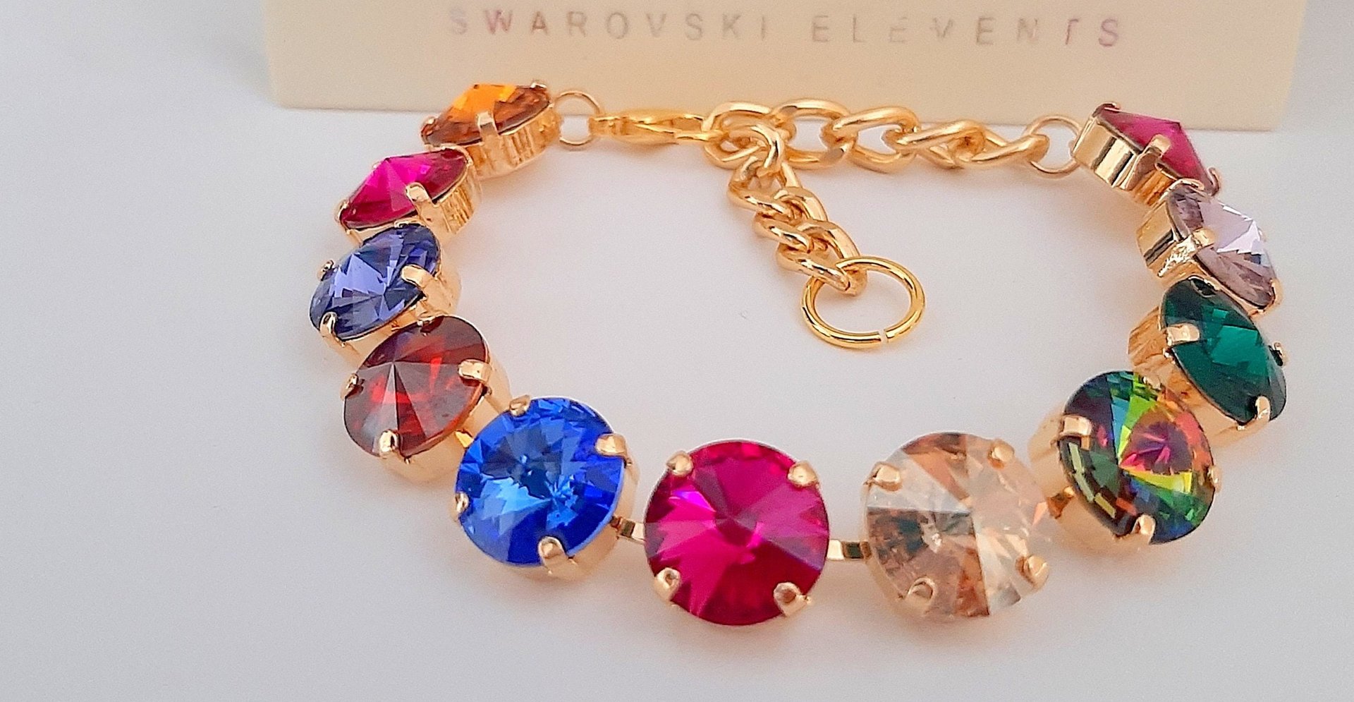 Gold Multi-colors Cup chain Tennis Bracelet with Rivoli Crystals 1122 • Women Birthday Gift