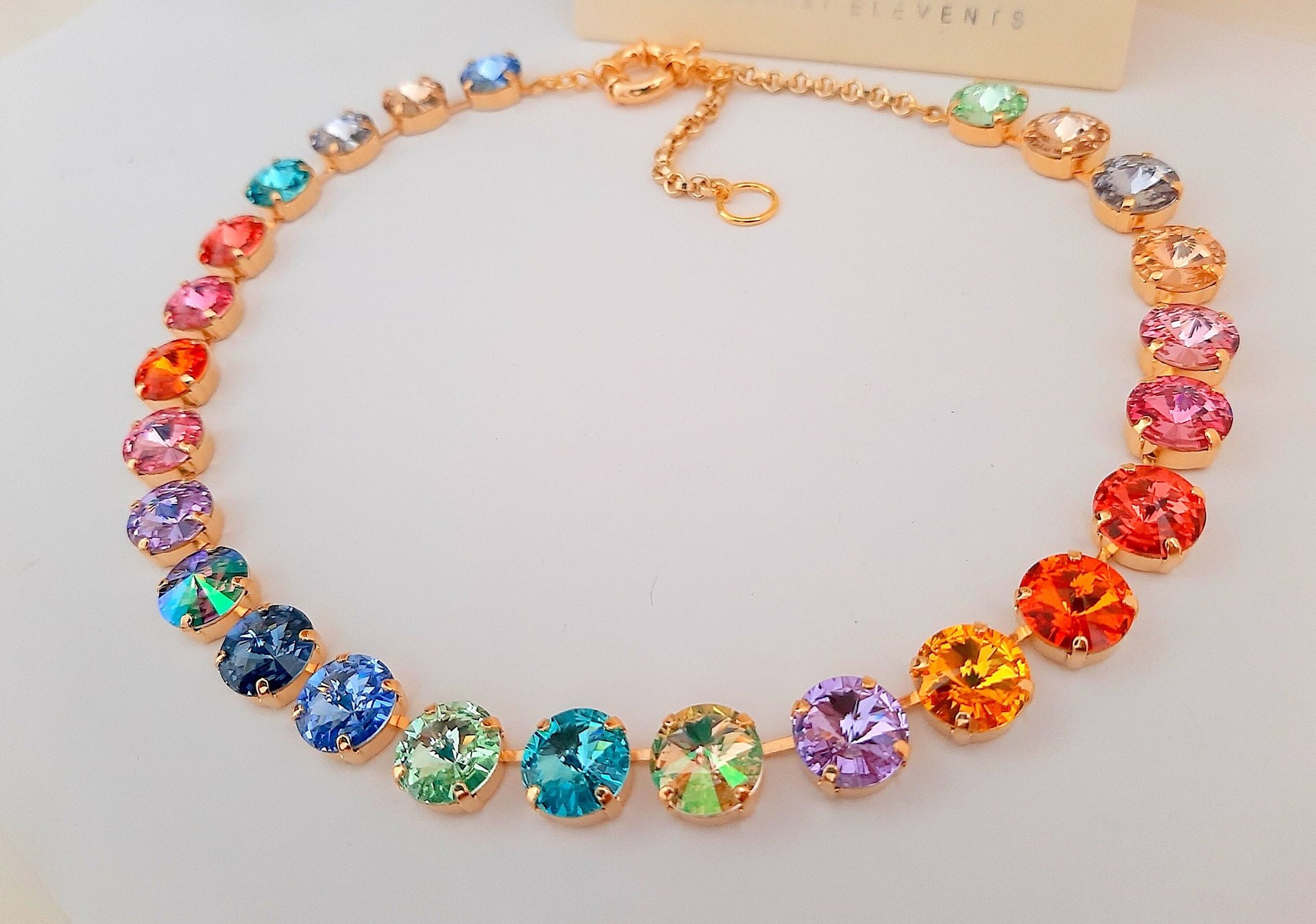 Anna Wintour Rainbow Rivoli Crystal Necklace, Tennis Colorful Choker, Multi color Gold Collet, Jewelry Gift for Women