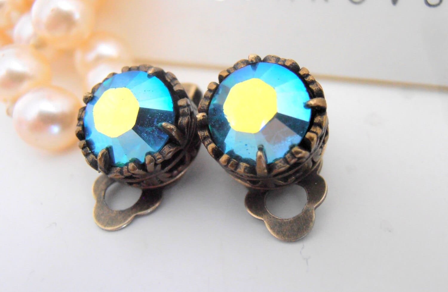 Blue Aquamarine Clip On Earrings | Non Pierced Rhinestone Studs for Girls