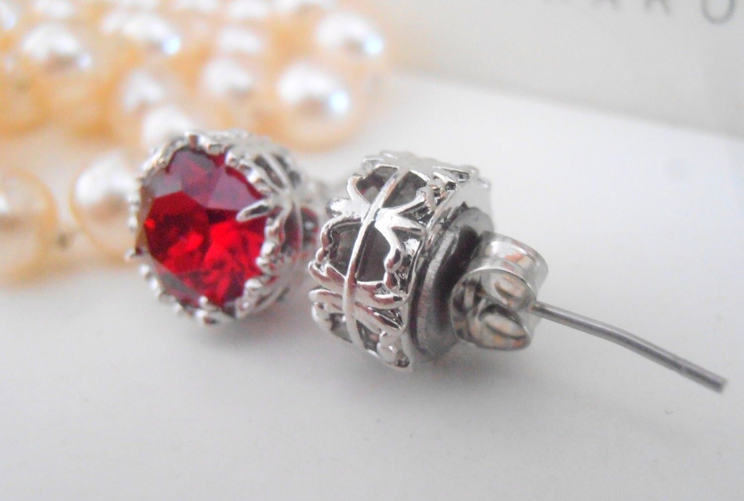 Ruby Post Filigree Earrings, Pierced Studs, Art deco Jewelry, Red Crystals, Grandmother Birthday gift