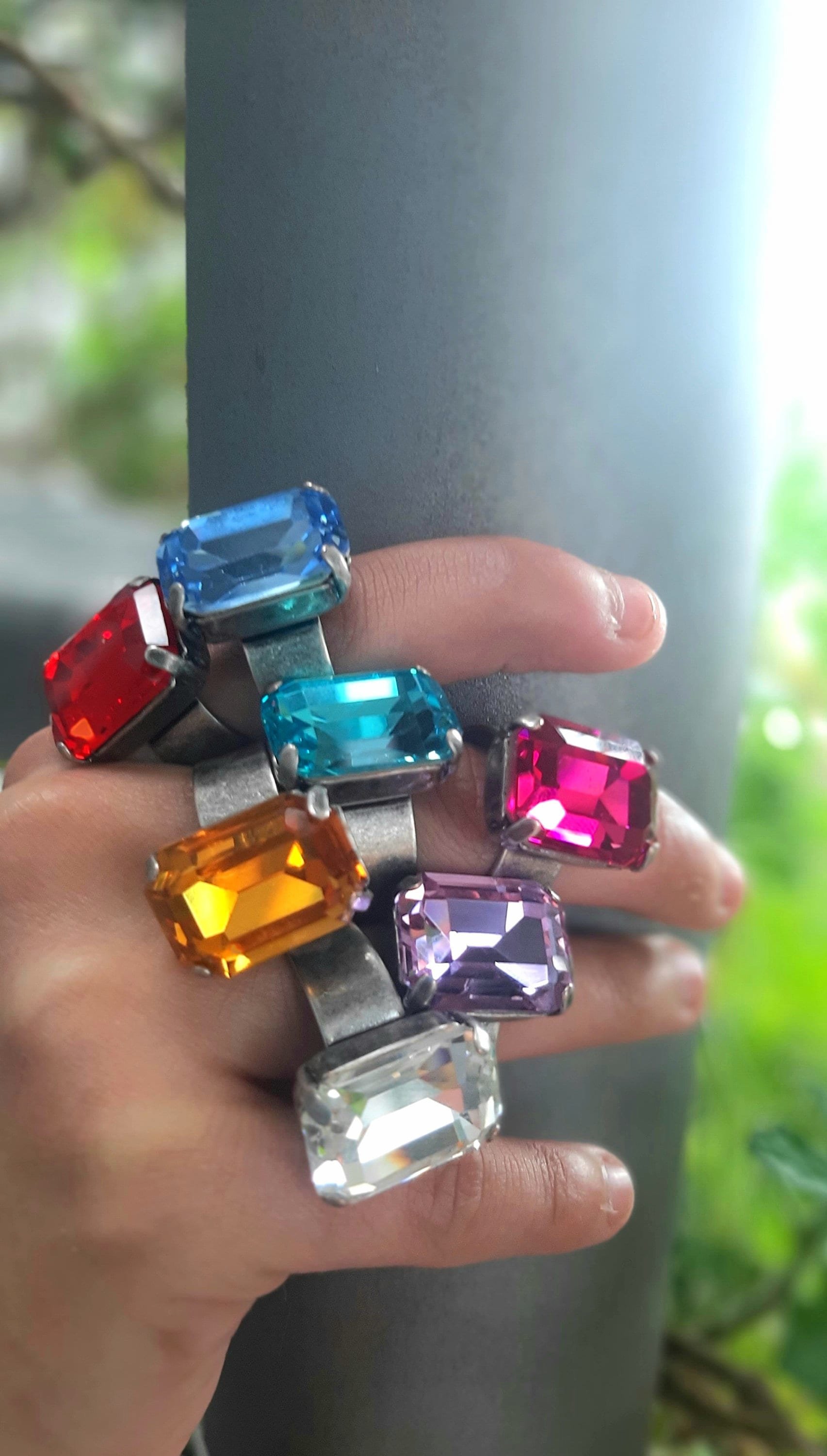 Multi color Step Cut Adjustable Statement Band Ring, Octagon Crystal Cuff, Antique Silver Jewelry, Women Gift Ideas