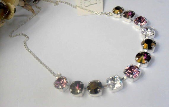 Lilac Shade Layered Tennis Necklace with Crystal Elements, Cupchain Choker, Multicolors Silver Chain Necklace, Designer