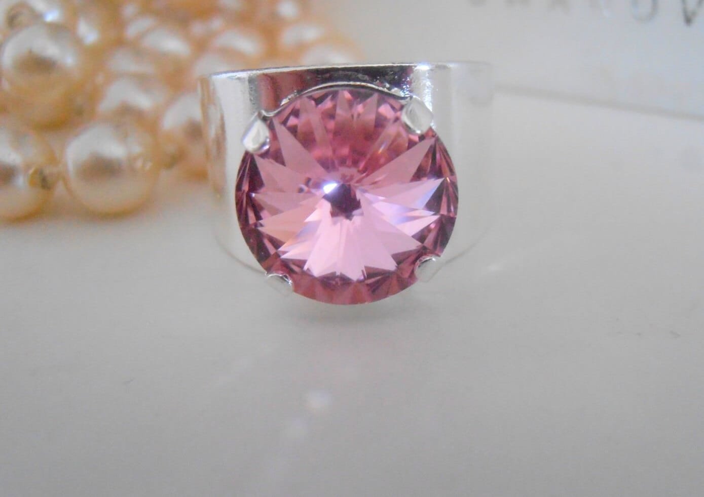 Rose Rivoli Crystal Cuff Ring, Adjustable Silver Band, Boho Cocktail Jewelry, Birthday Gift