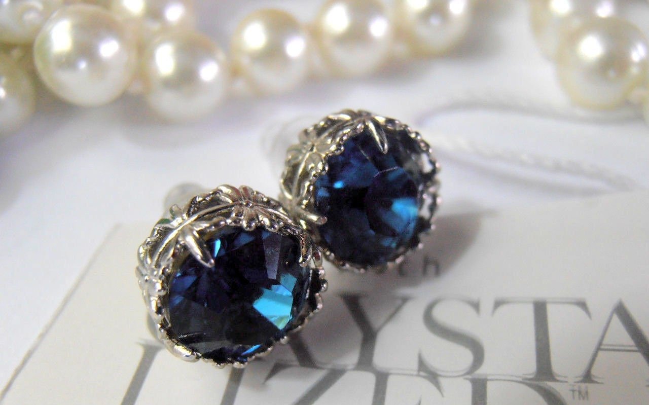 Handcrafted Platinum Filigree Stud Earrings with Dark Sapphire Blue Montana Crystals Art Deco Post Pierced Women's Birthday Gift