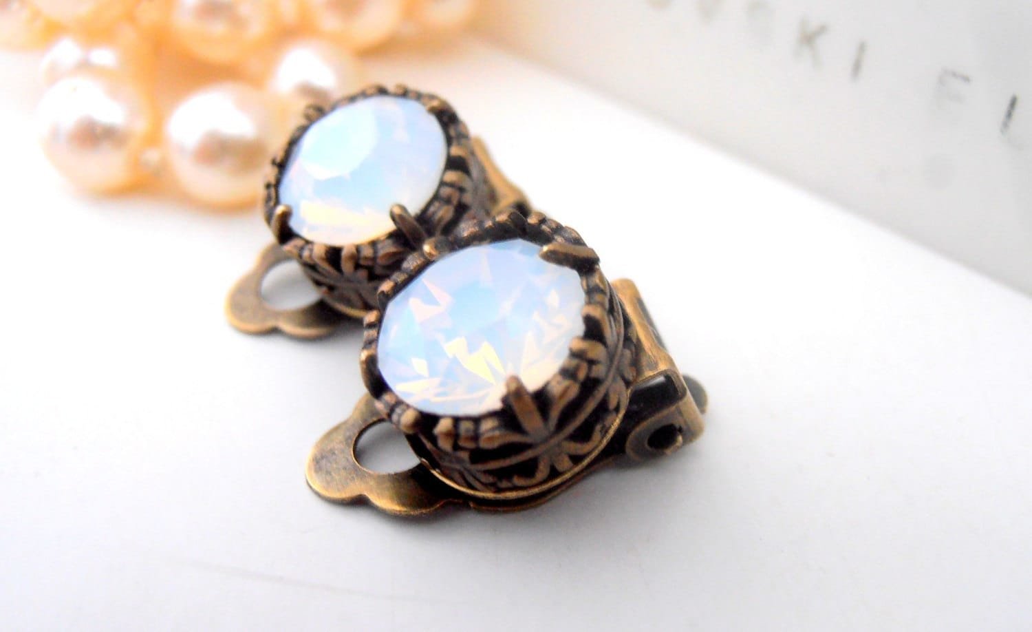 White Opal Clip On Stud Earrings, Non Pierced for girls, Art Deco Jewelry, Antique Bronze, Post, Filigree, Vintage Jewelry