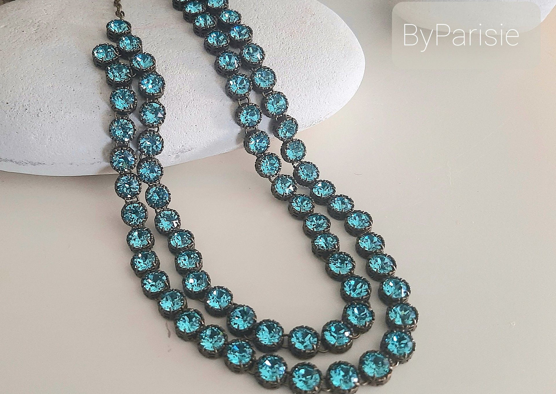 Aquamarine Crystal Double Strand Necklace in Bronze, Antique Jewelry, 30th Anniversary Gift, Georgian Filigree Long Necklace