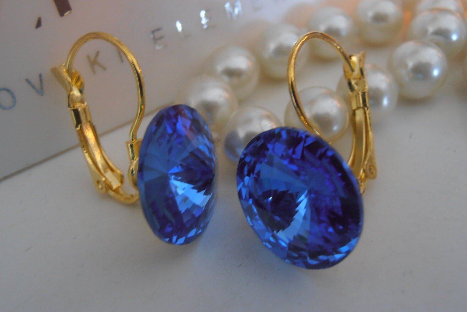 Sapphire Blue Rivoli Earrings | Big Crystal Dangle Earrings | Lever back Drop Earring