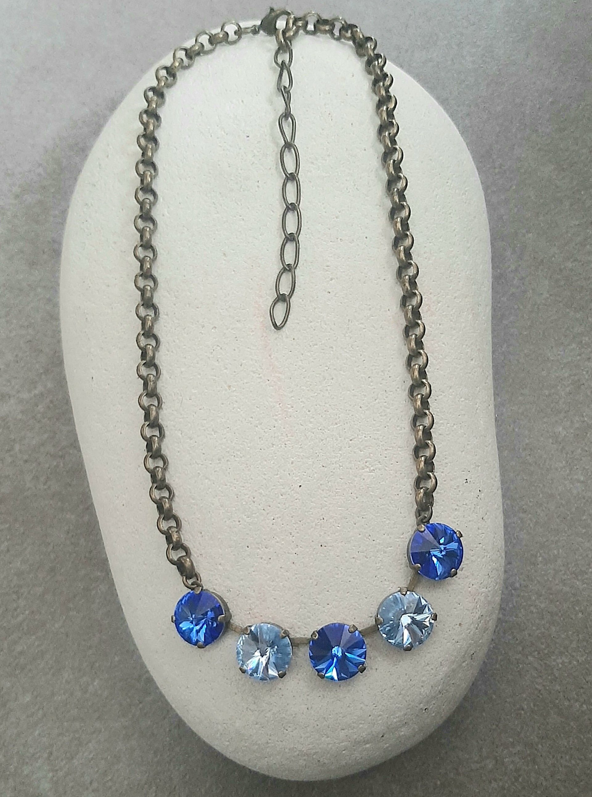 Sapphire Blue Crystal Chain Necklace, Rivoli Collet, Antique Bronze Jewelry, Mother's Day Gift, Blue Tennis Cup chain  Choker