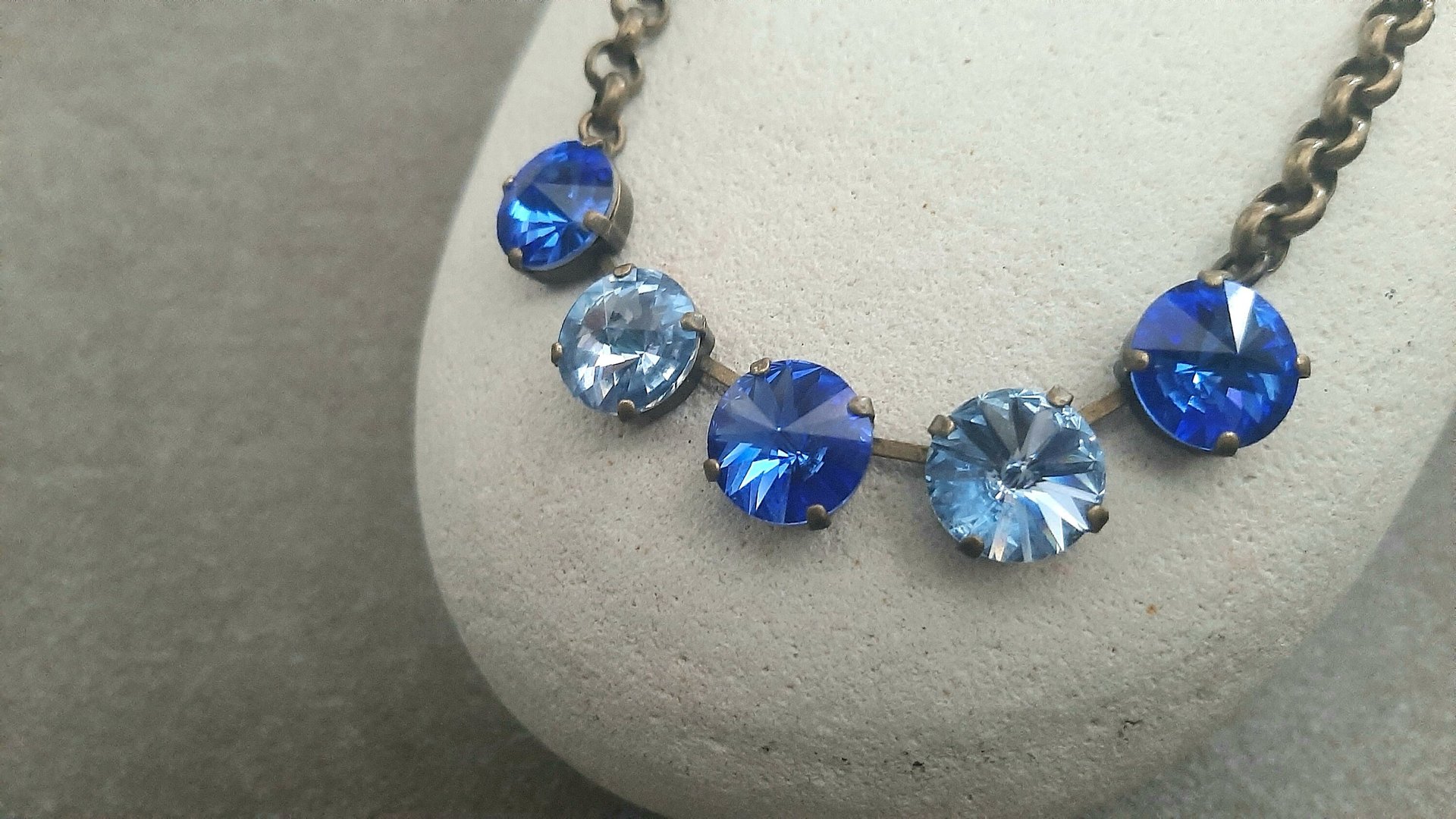 Sapphire Blue Crystal Chain Necklace, Rivoli Collet, Antique Bronze Jewelry, Mother's Day Gift, Blue Tennis Cup chain  Choker