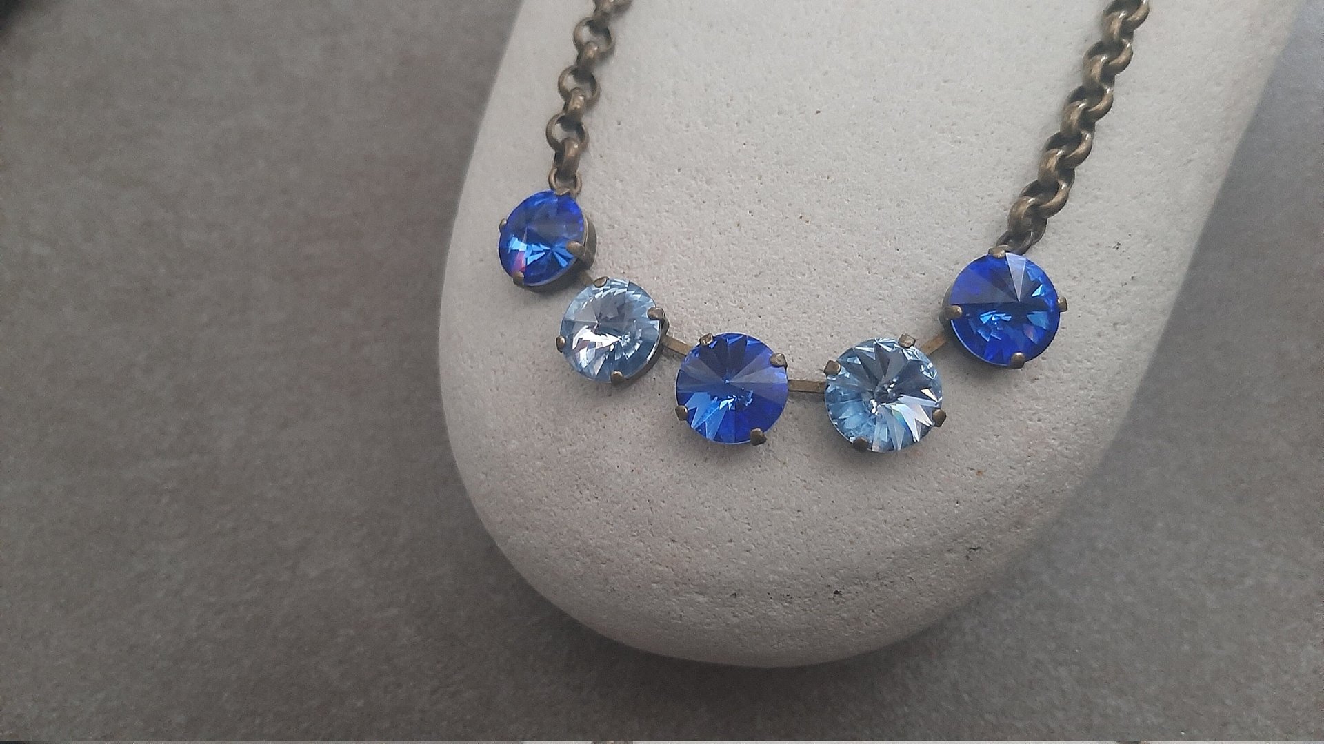 Sapphire Blue Crystal Chain Necklace, Rivoli Collet, Antique Bronze Jewelry, Mother's Day Gift, Blue Tennis Cup chain  Choker