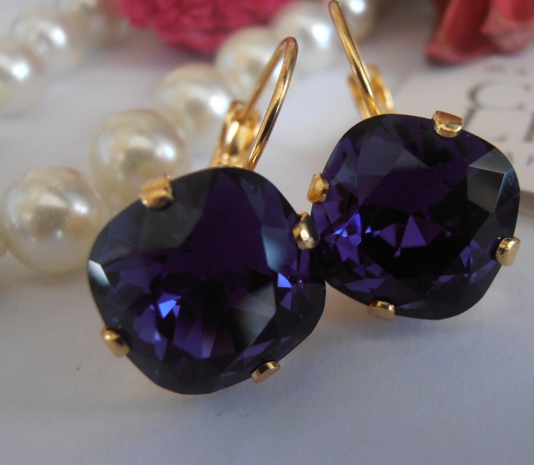 Purple Velvet Dangle Gold Earrings 4470, Square Cushion Cut Crystals 12mm, Bridal Gold Jewelry, Wedding Accessories  / Gift