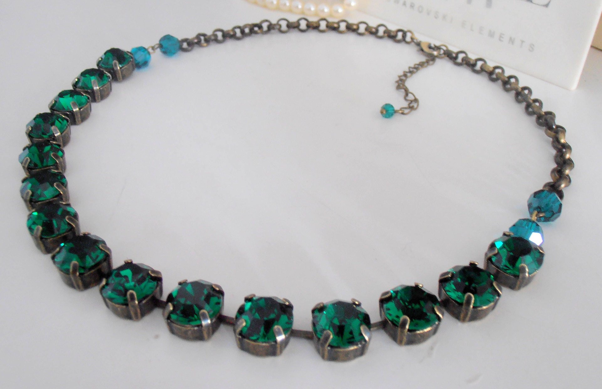 Emerald Tennis Necklace made with Crystal Chatons, Green Choker, Antique Jewelry, Bronze 10mm Cup chain, Georgian Collet