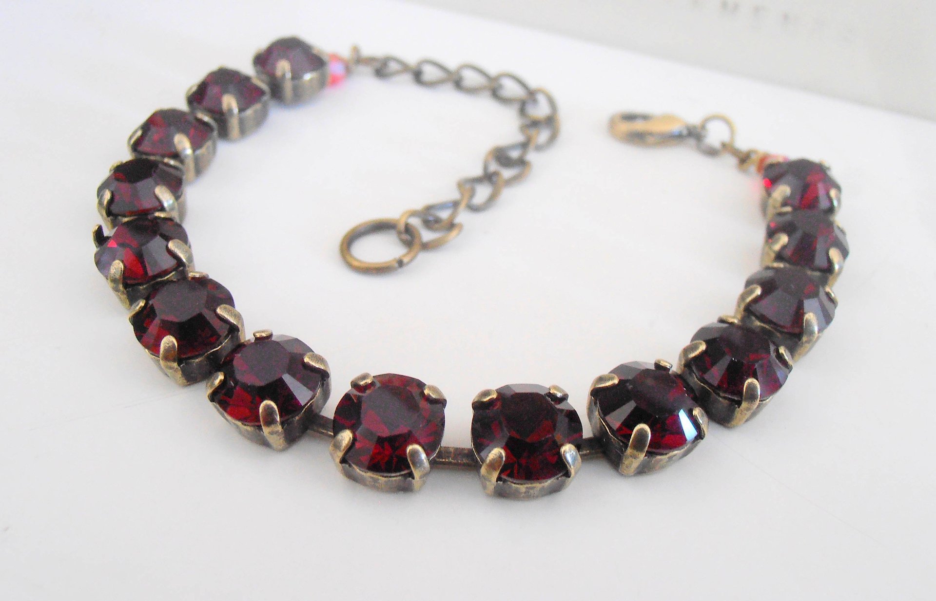 Garnet Red Tennis Bracelet with Crystals SS39 / 8mm Cupchain / Antique Bronze Jewelry / Vintage Wine Red / Valentines day