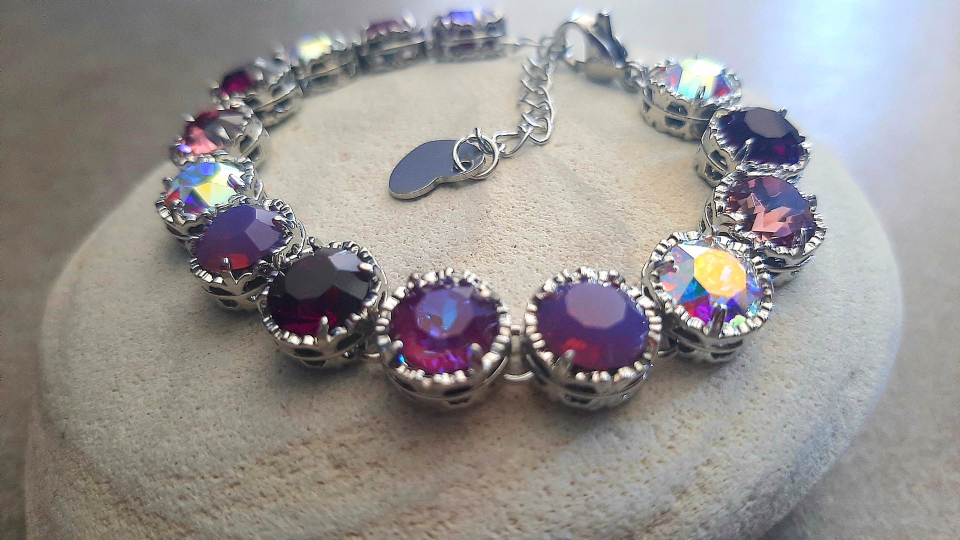 Amethyst Purple Filigree Bracelet, Art Deco Crystal Jewelry, Link Cup chain, Platinum Tennis Setting, Birthday Gift for her