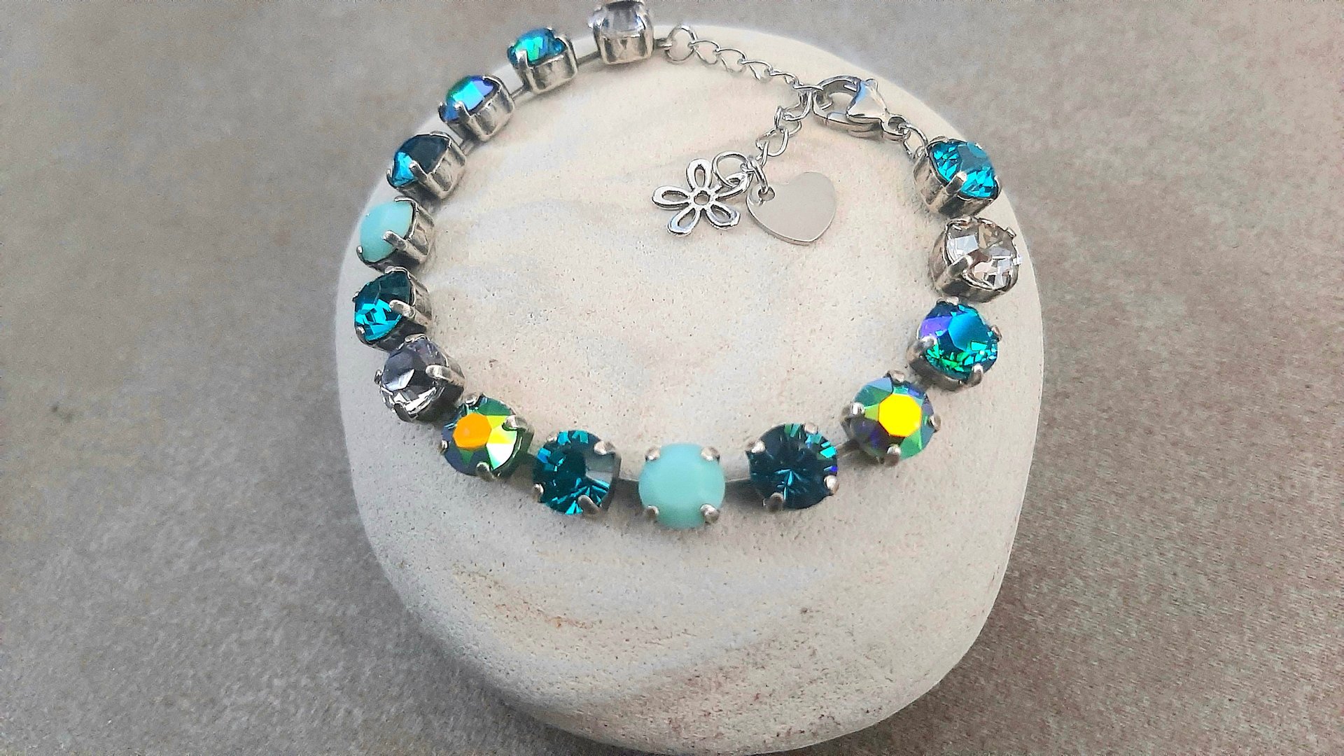 Mint/Blue Multi-colors Crystal Bracelet, Tennis Cup chain, Georgian jewelry, Antique Silver, Women Gift