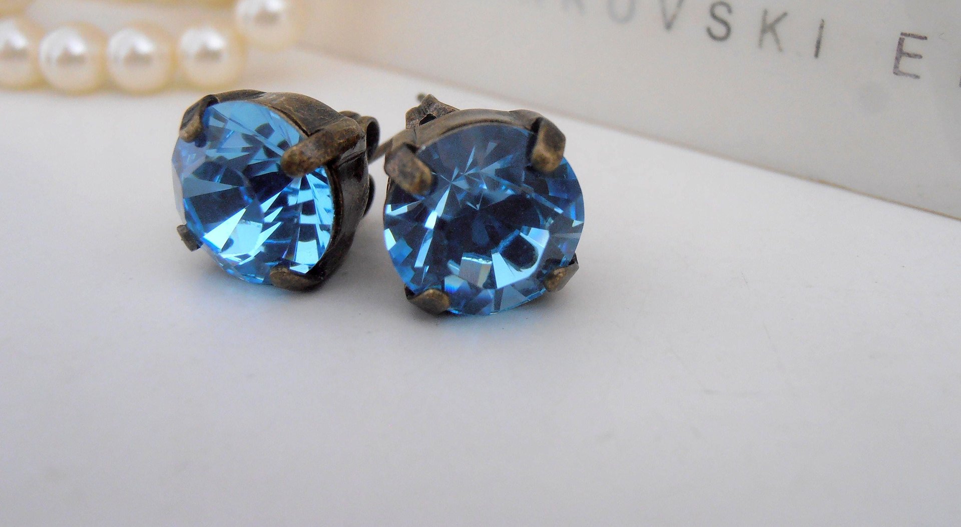 Aquamarine Blue Crystal Stud Earrings, Pierced Post Earrings 8mm, Antique Bronze Vintage Style Jewelry, Birthday Gift For Her