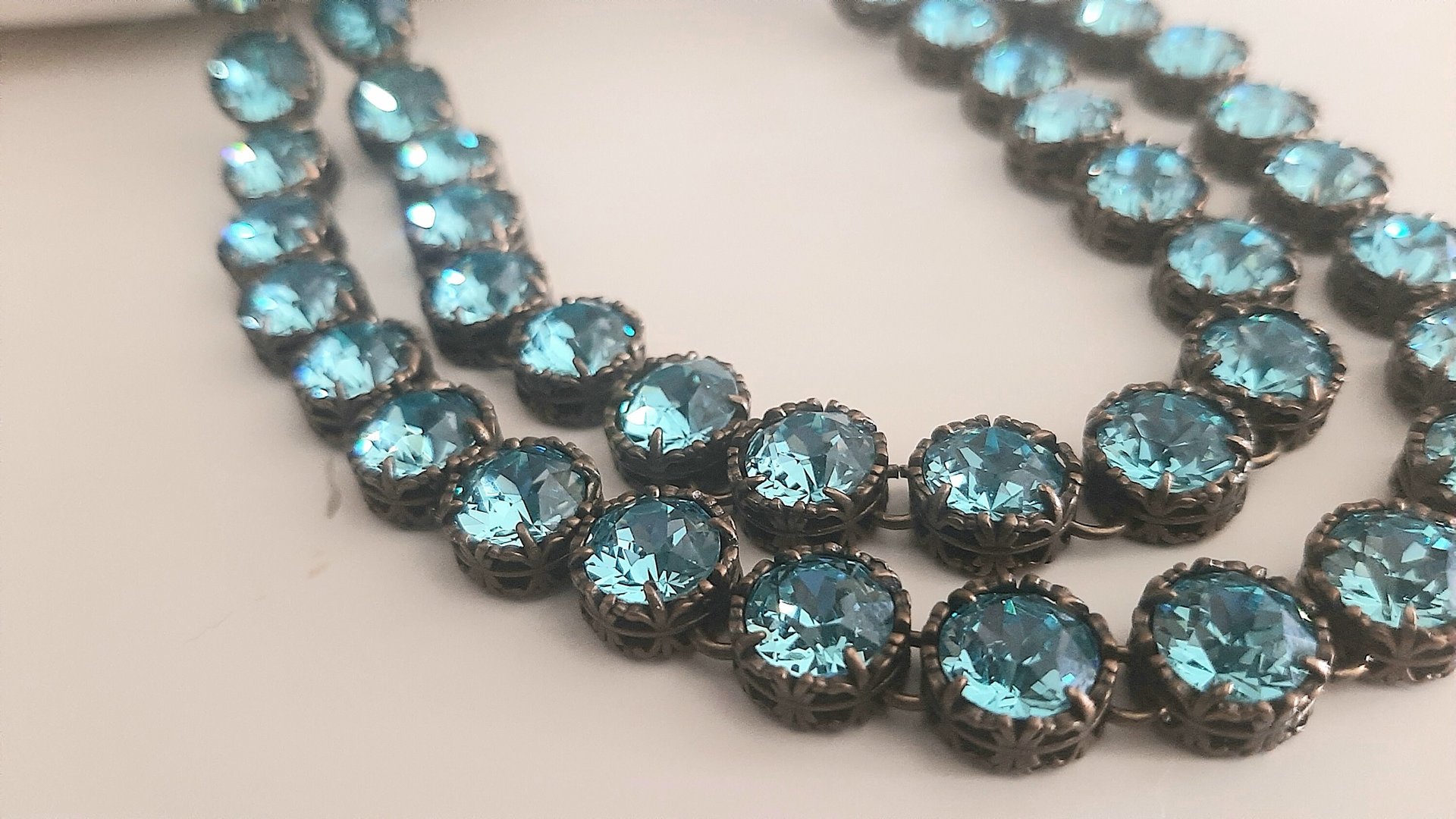 Aquamarine Crystal Double Strand Necklace in Bronze, Antique Jewelry, 30th Anniversary Gift, Georgian Filigree Long Necklace