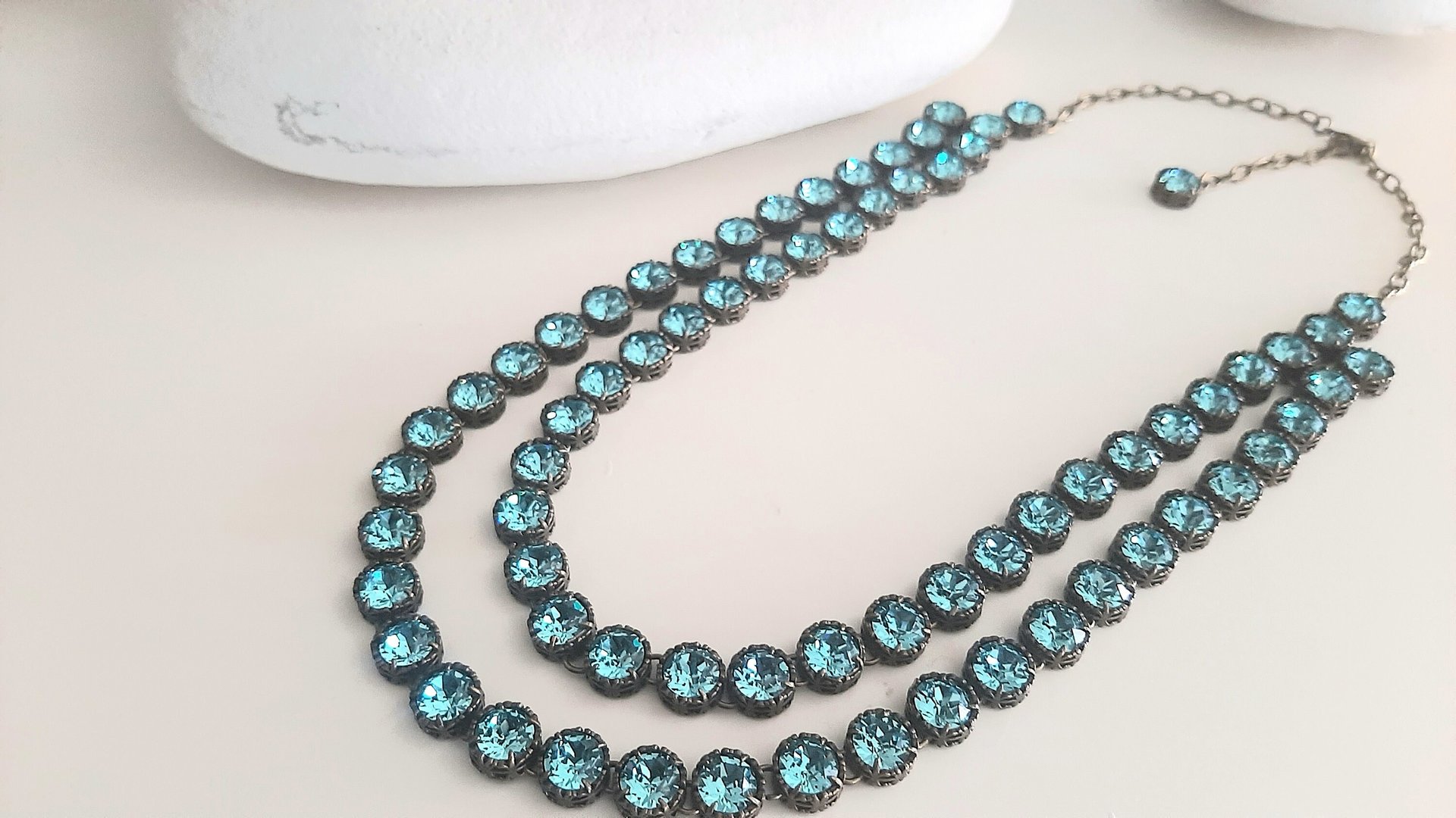 Aquamarine Crystal Double Strand Necklace in Bronze, Antique Jewelry, 30th Anniversary Gift, Georgian Filigree Long Necklace