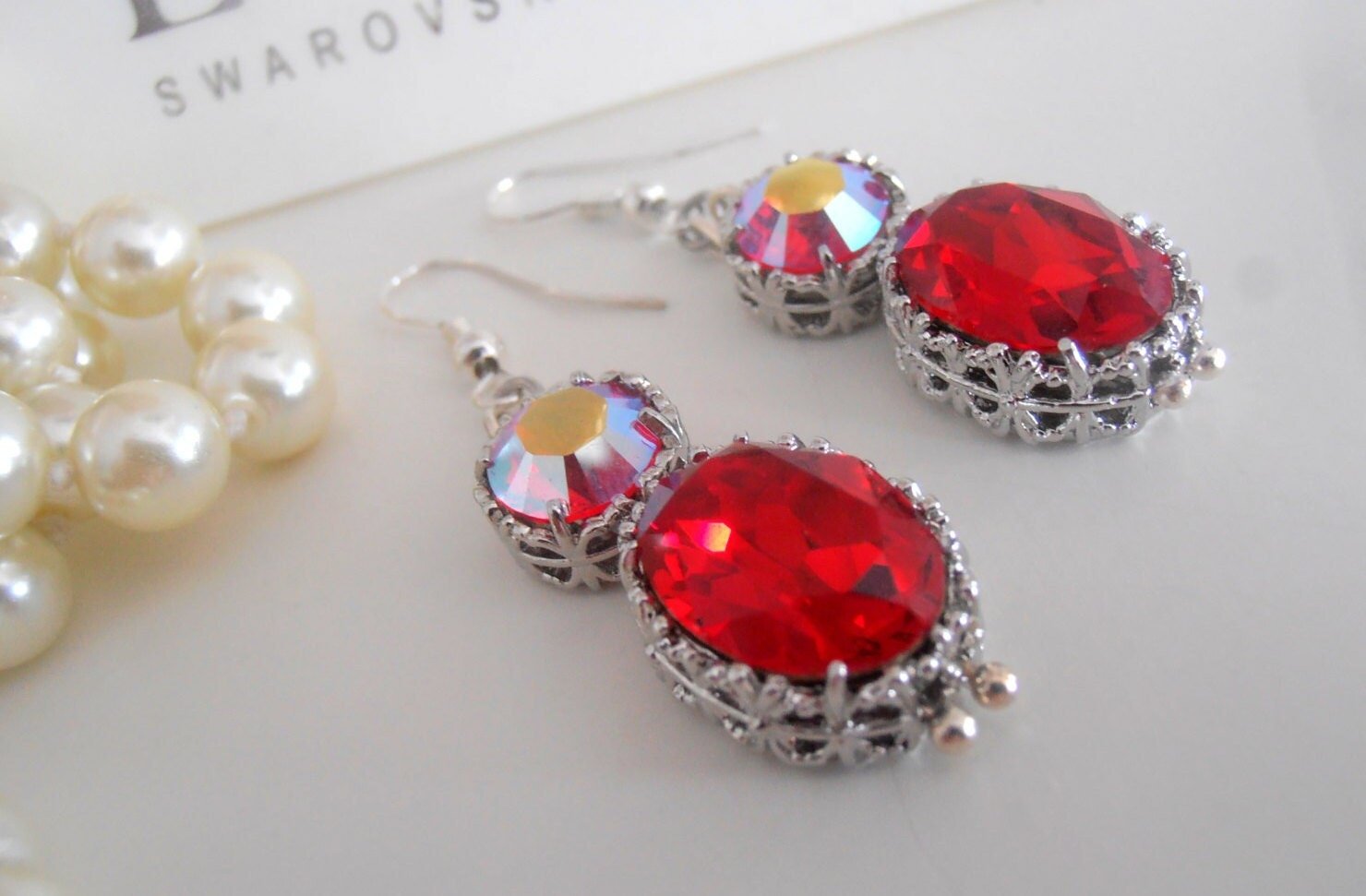 Ruby Red Bridgerton Style Drop Earrings 4120, Long Regency Wedding Jewelry, Platinum Daphne Period Jewels, Bridal Gift for her